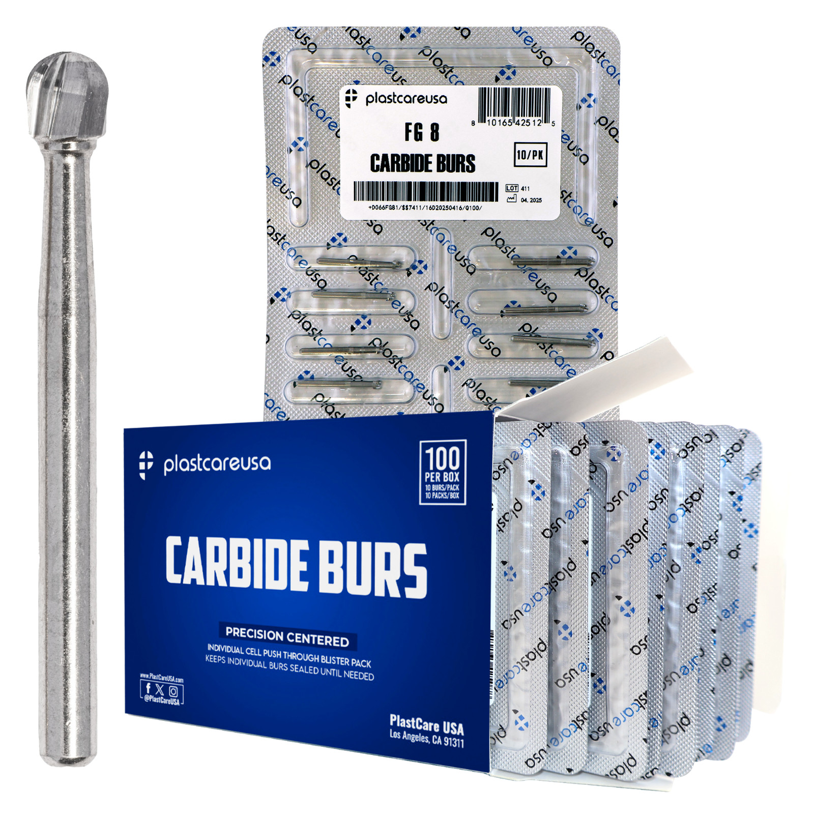 100 FG 8 Round Carbide Dental Burs High Speed Handpiece Friction Grip Drill Bits
