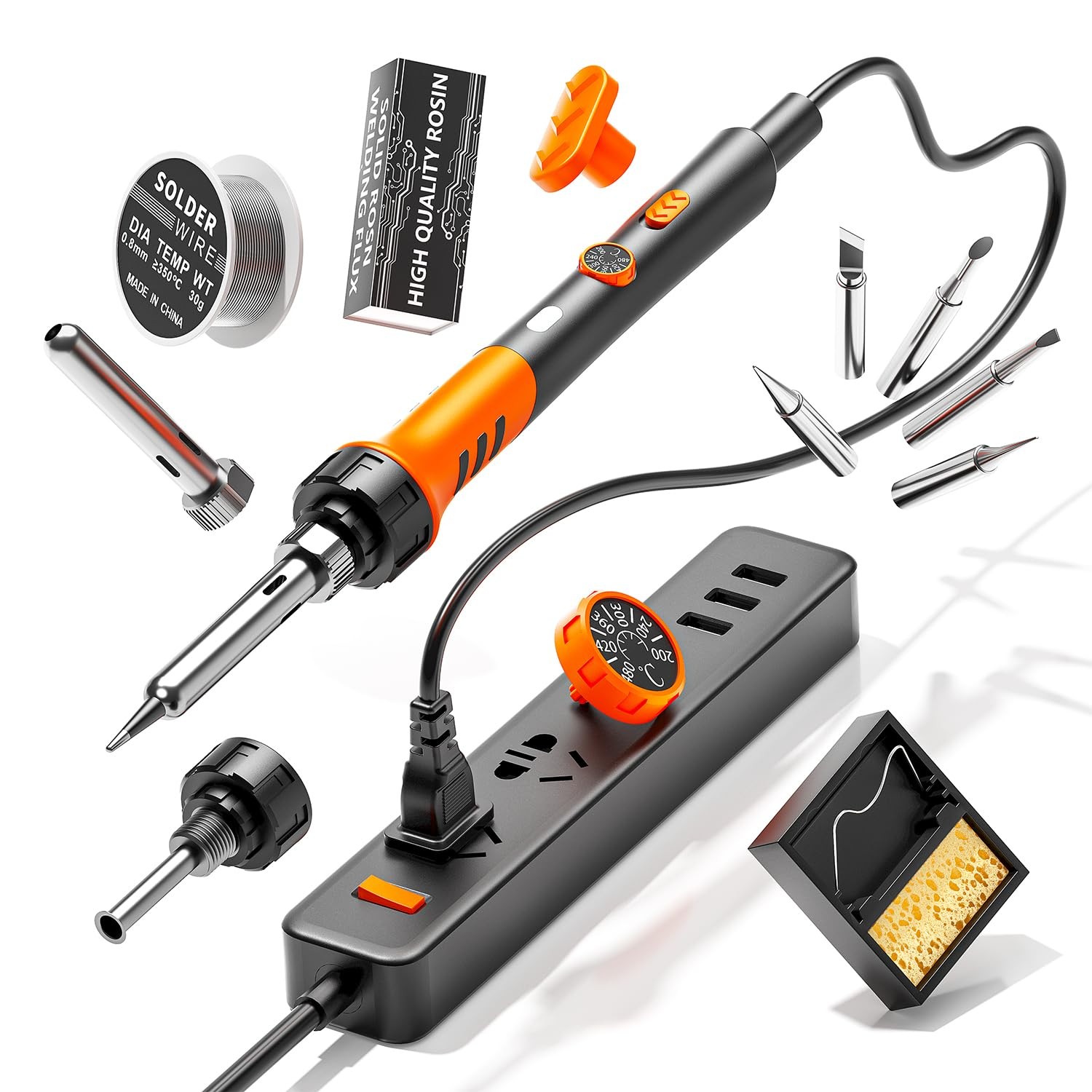 60W Adjustable Temperature Soldering Iron Kit – 9-in-1 With 5 Tips, Orange