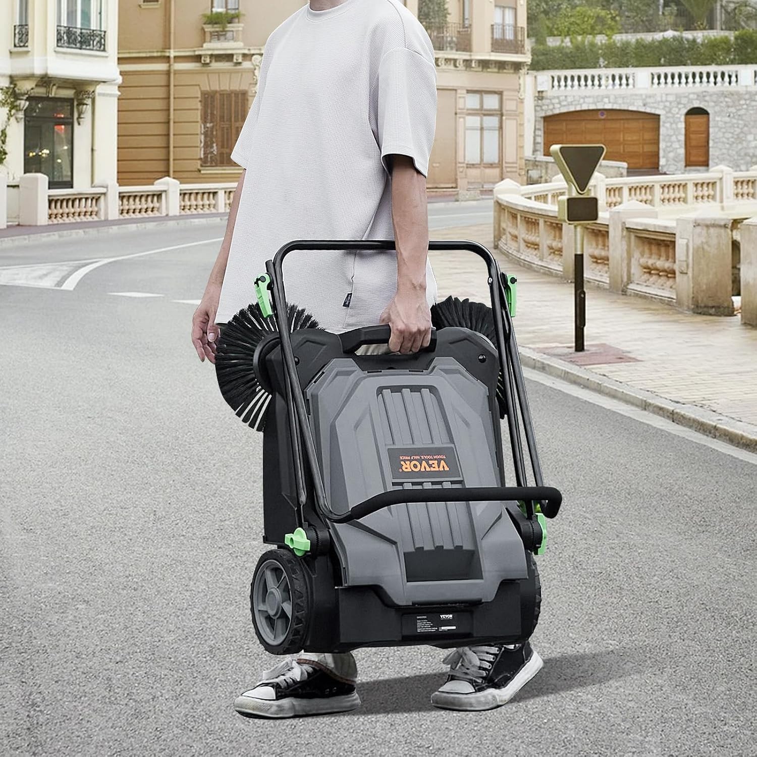 25.6″ Walk-Behind Hand Push Floor Sweeper with Large 5-Gallon Waste Container
