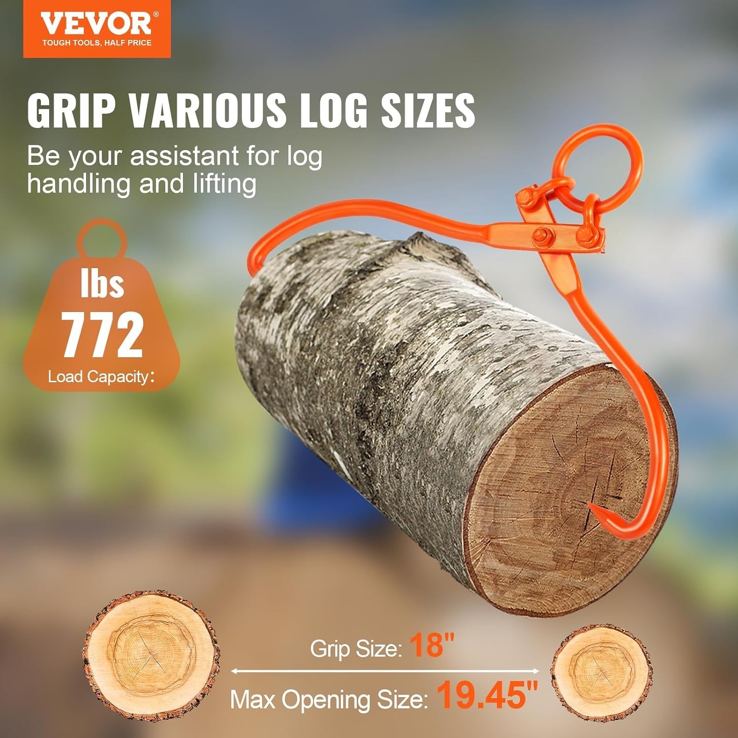 Heavy-Duty Log Lifting Tongs – 772 lbs Capacity, Eagle Claw Grip, 19.45″ Opening