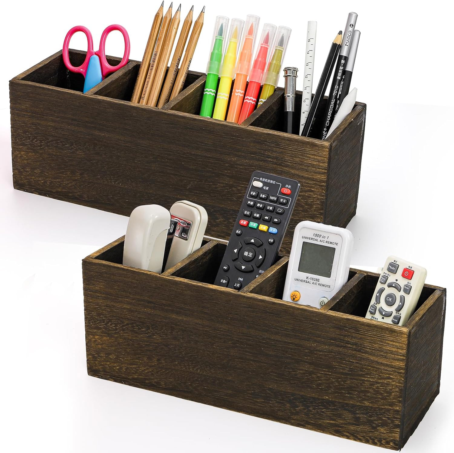 2 Pack Wooden Pencil Holder for Desk, Rustic Wood Remote Control Holder Caddys,