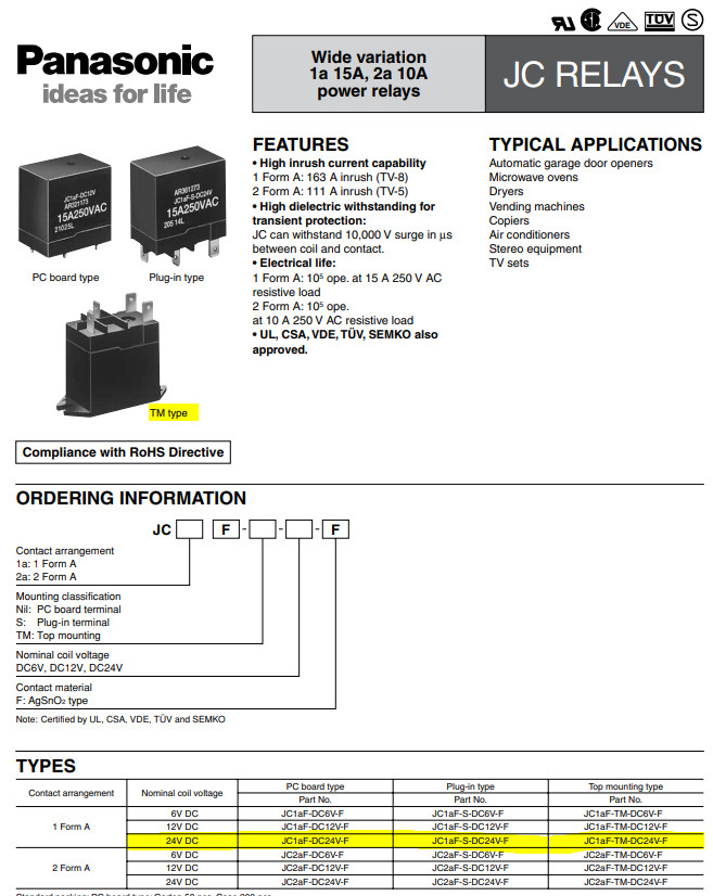 New Panasonic MATSUSHITA – JC1A-TM-DC24V – Compact Power Relay, 24 VDC, 10A SPST