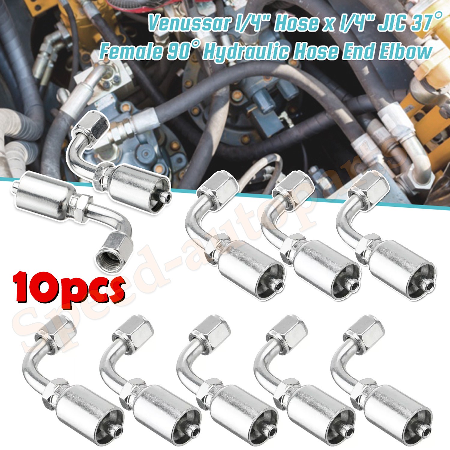 10X 1/4″ JIC 37° Female 90° Hydraulic Hose Fittings For 1/4″ I.D. Hydraulic Hose