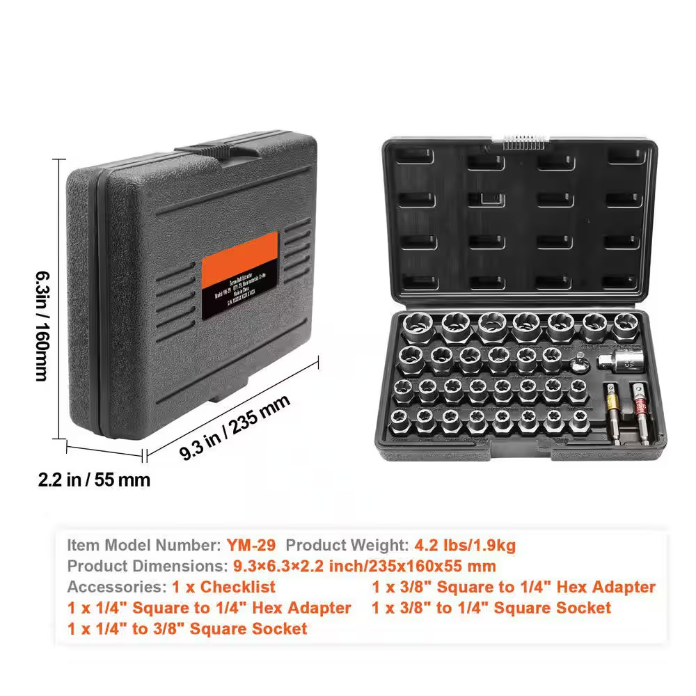 29 Pc Bolt Extractor Set, 6-10Mm, 13/32 In.-3/4 In., CR-MO Steel, for Removing D