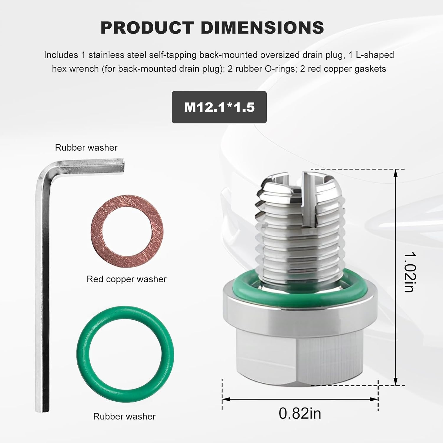 M12.1-1.5 x 15mm Oversize Piggyback Oil Drain Plug, Stainless Steel Self Tapping