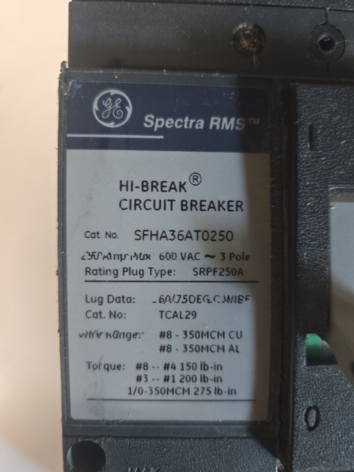 GE SFHA36AT0250 250A 600V Circuit Breaker