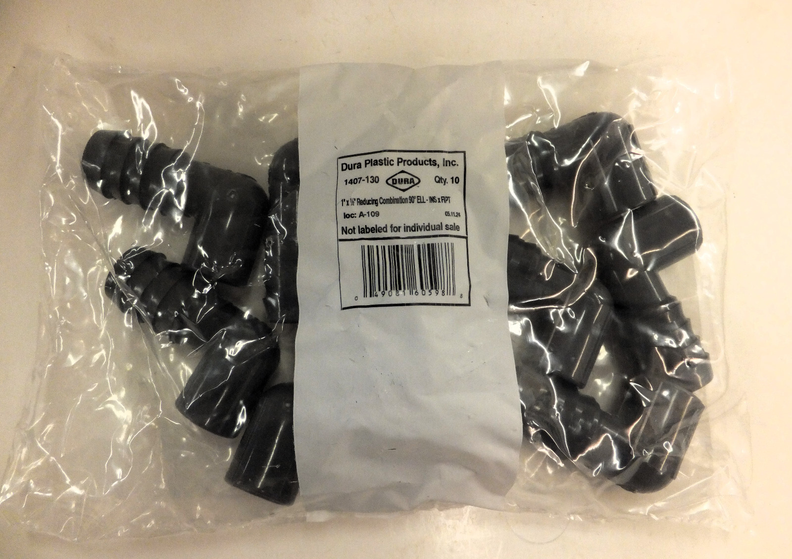 DURA 1407-130, 1″ BARB x 1/2″ FPT COMBINATION REDUCING 90° PVC ELBOW, BAGS OF 10