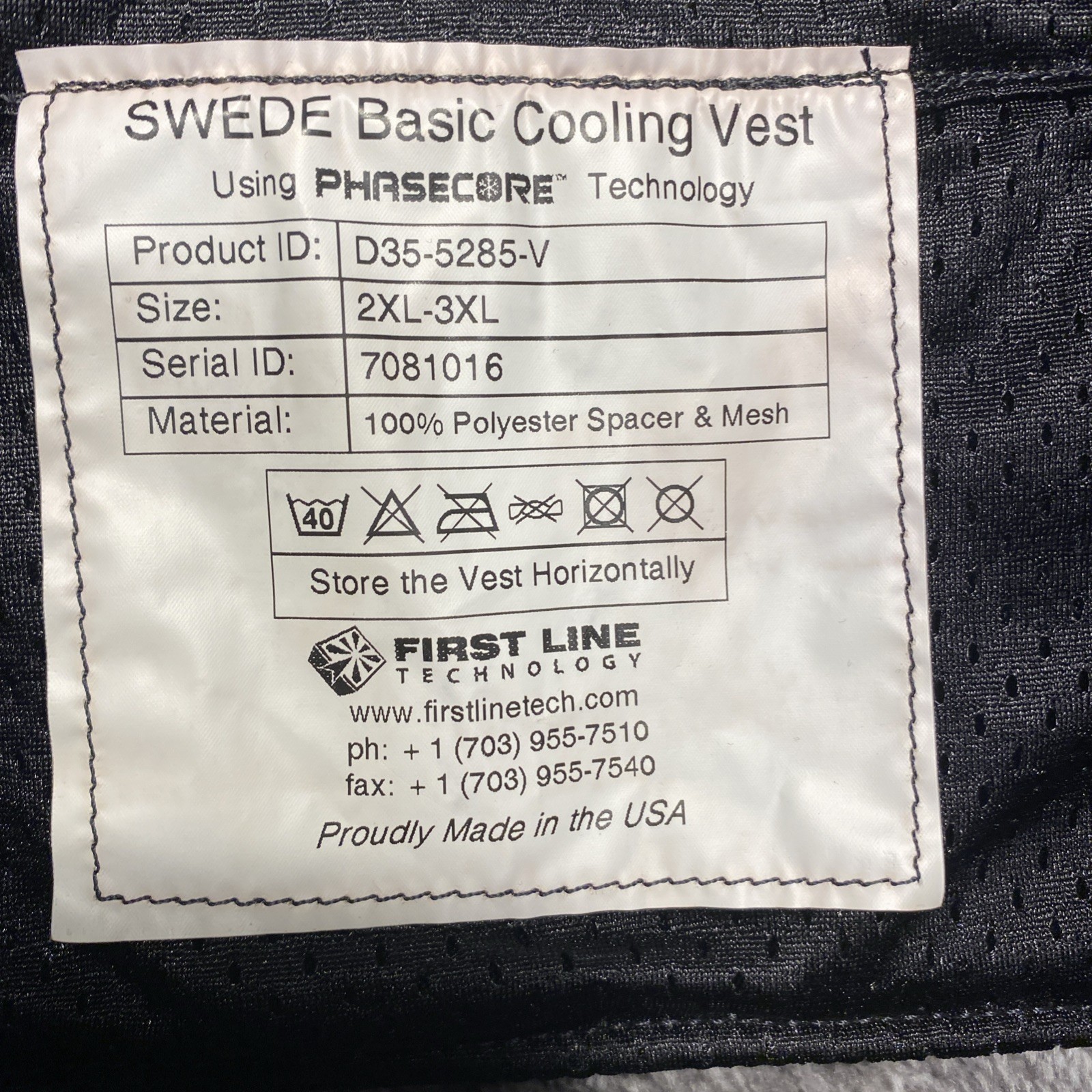 First Line Technology Phase Change Cooling Vest 2XL-3XLD35‑5282‑V • No Inserts •
