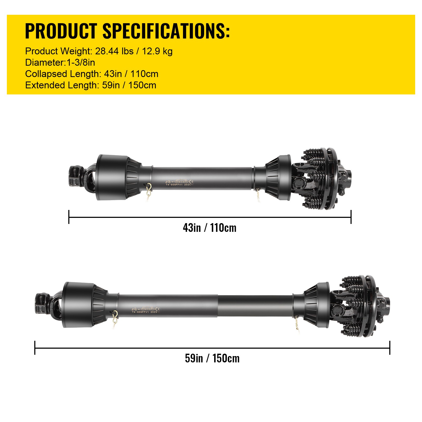 VEVOR PTO Shaft PTO Drive Shaft 1-3/8″ 6 Spline Endw/Slip Clutch T4 43″-59″