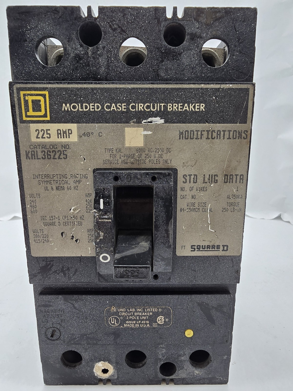 Square D KAL36225 Bolt-On Circuit Breaker 225A 3P 3PH 600VAC 250VDC 22KA KAL