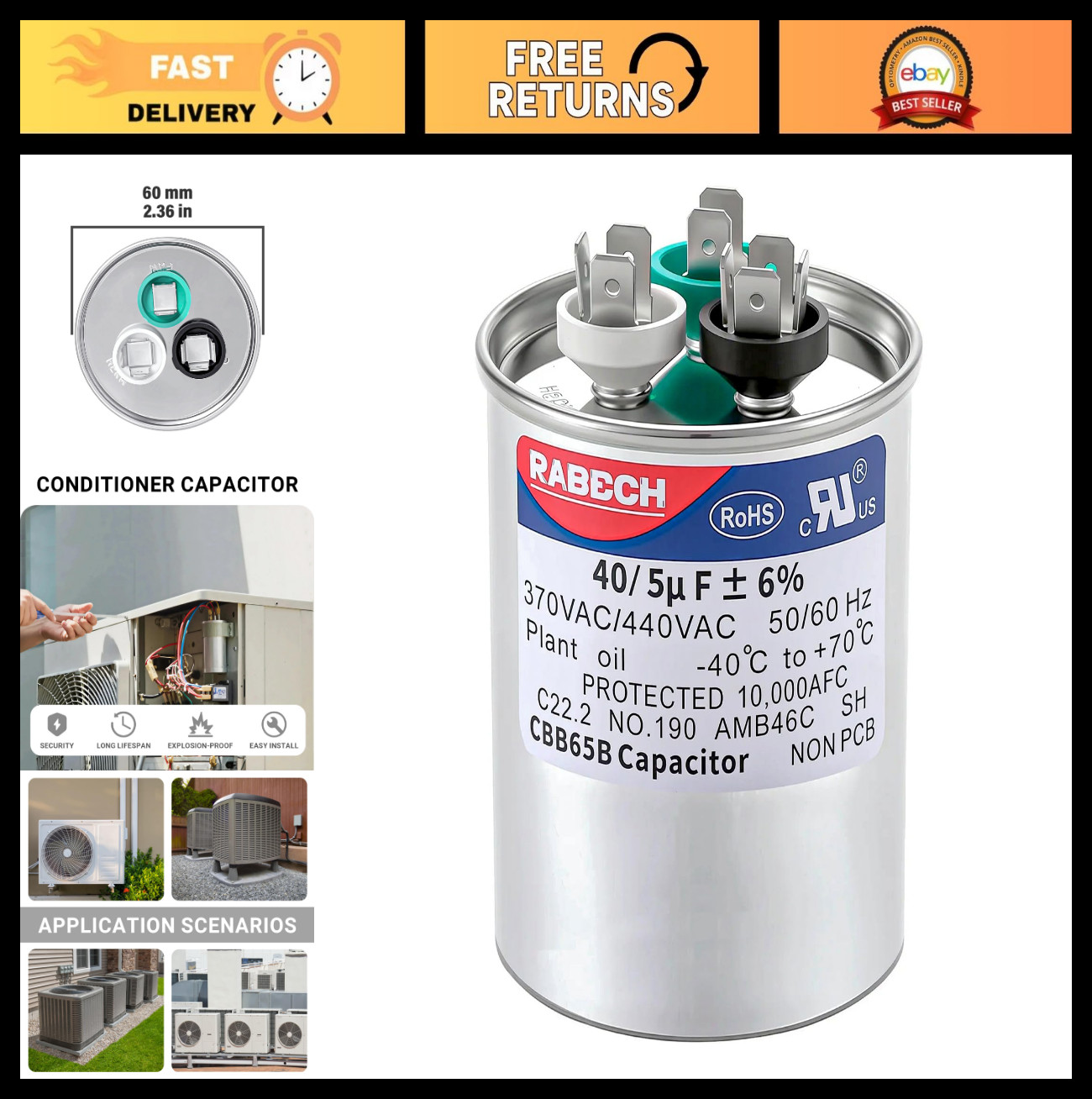 40/5uF Dual Run AC Capacitor 370V/440V CBB65B Round MFD for Air Conditioner