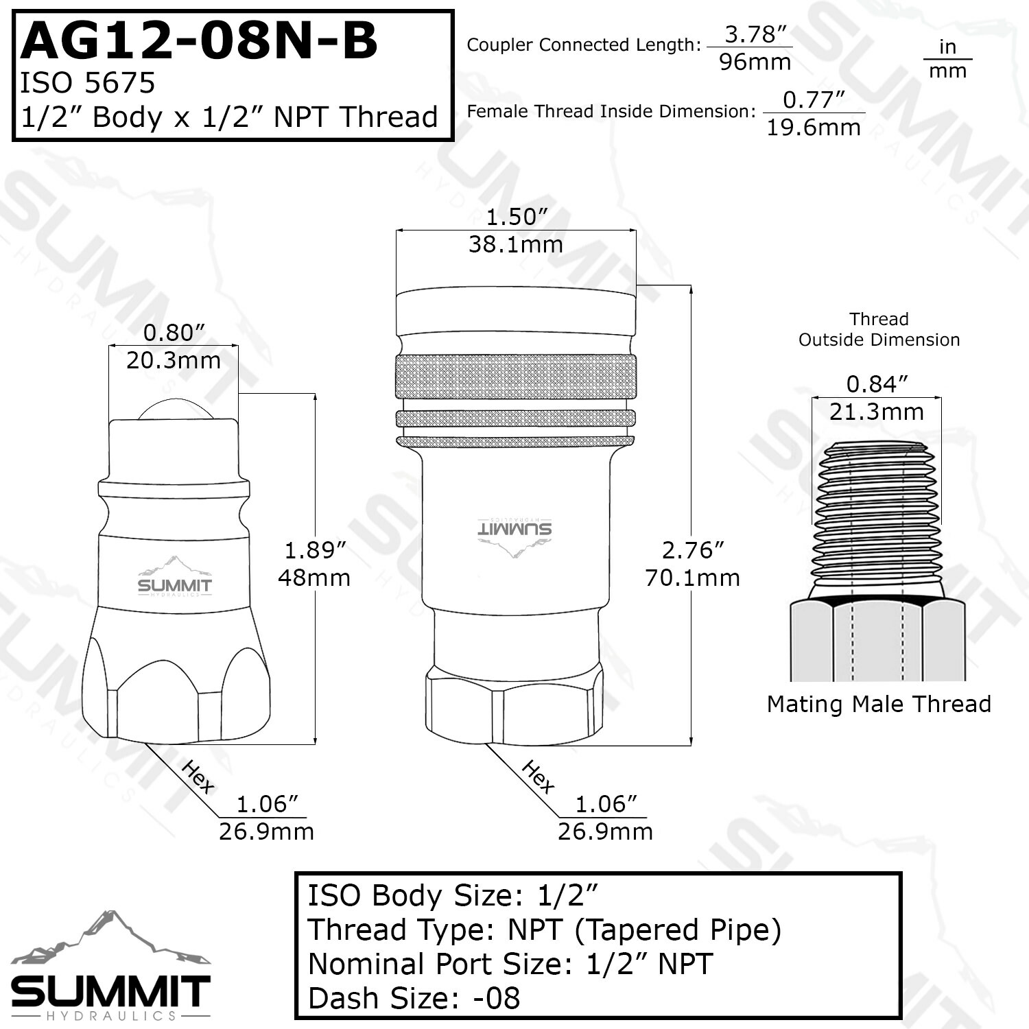 1/2″ Ag Hydraulic Quick Connect Female Coupler, Ball Valve, 1/2″ NPT Thread