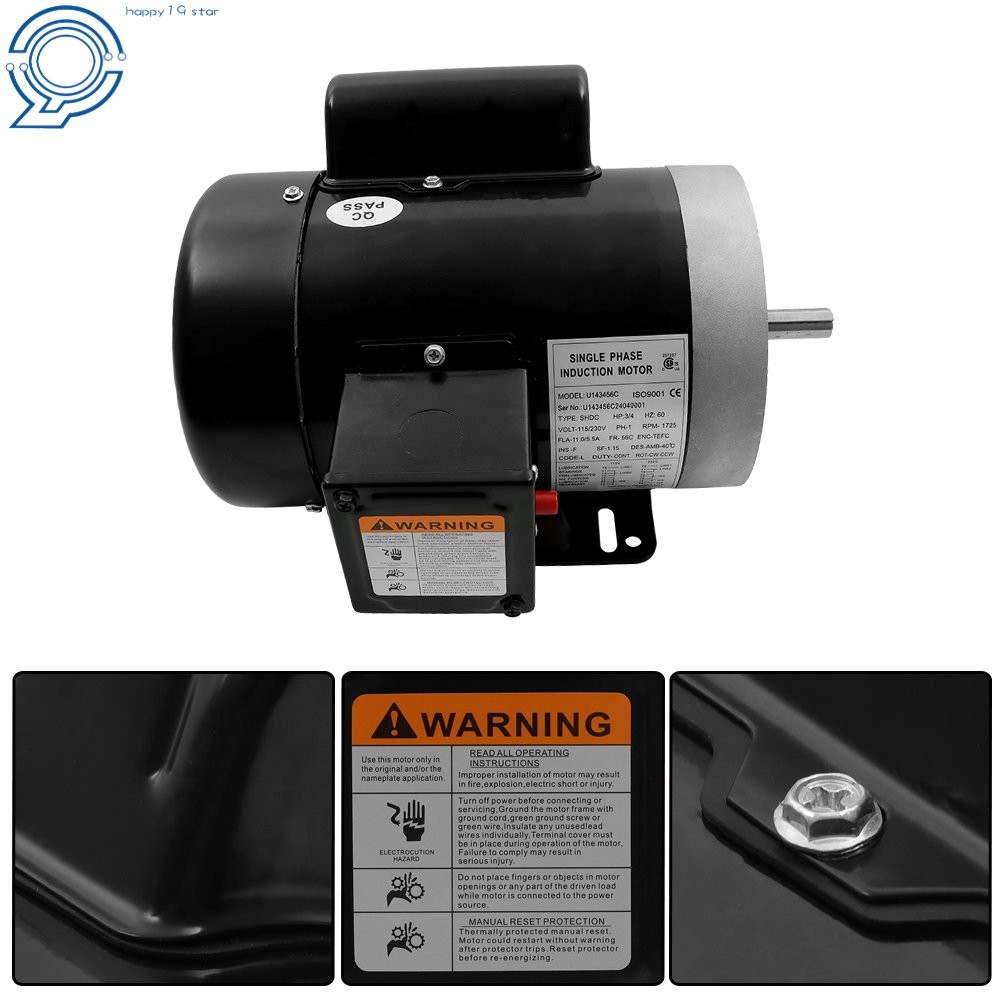 115V/230V 3/4 HP Electric Motor Single Phase 1725 rpm 5/8» shaft 56C Frame
