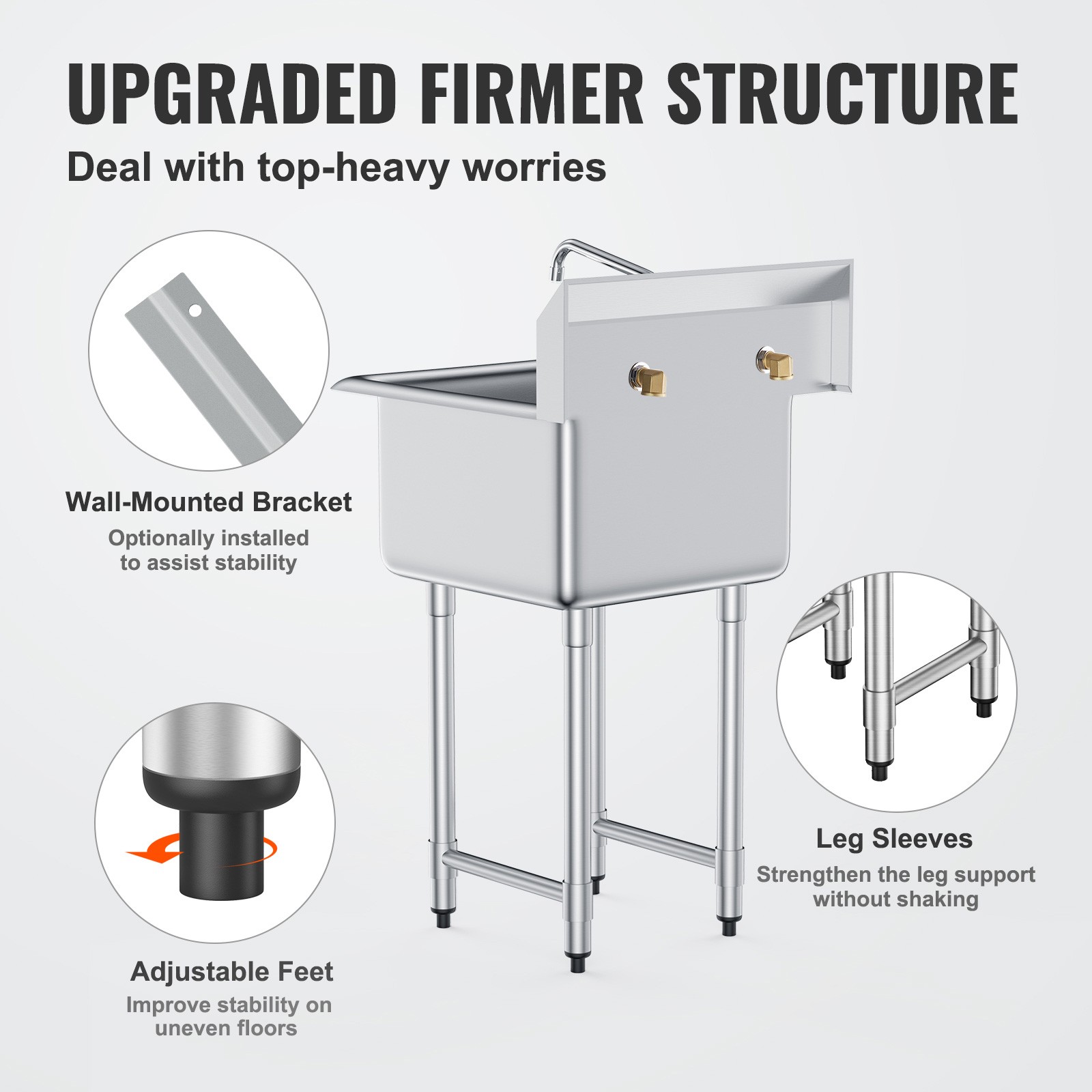 VEVOR 18″ x 18″ Commercial Utility Sink 1 Compartment Stainless Steel w/ Faucet