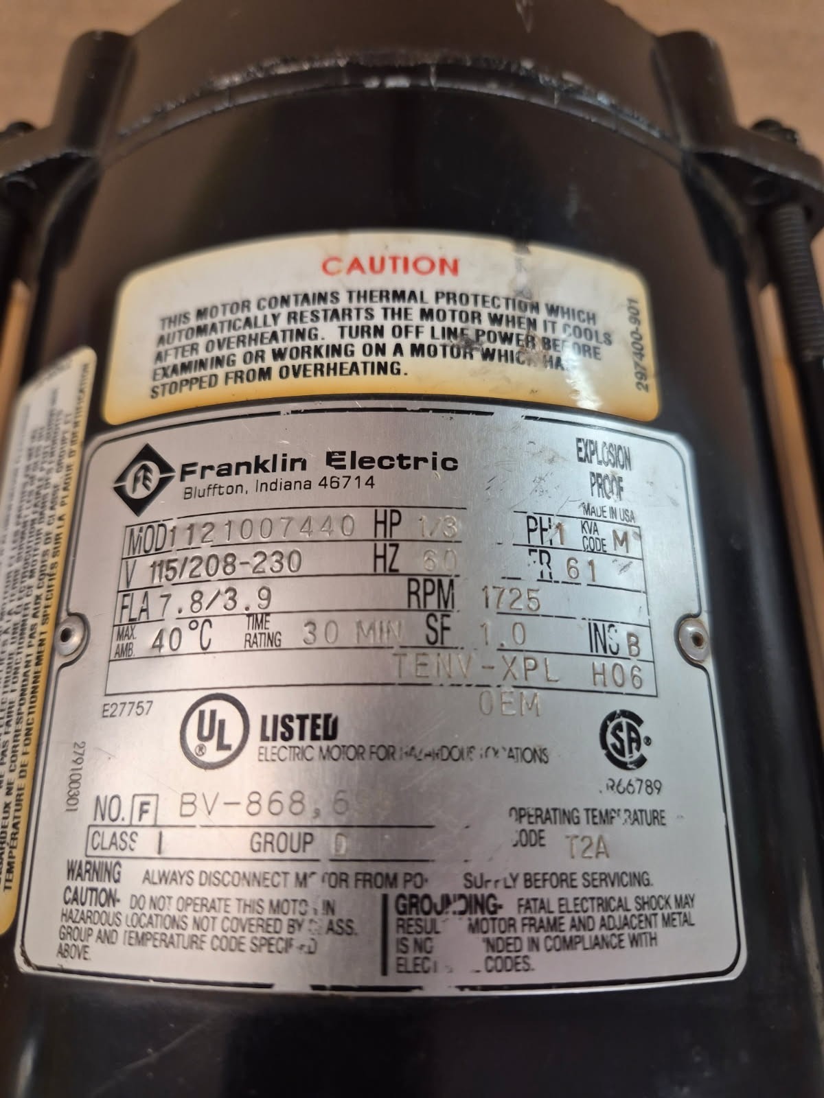 Franklin Electric 1/3HP Explosion proof motor 115v/230v 1725 RPM