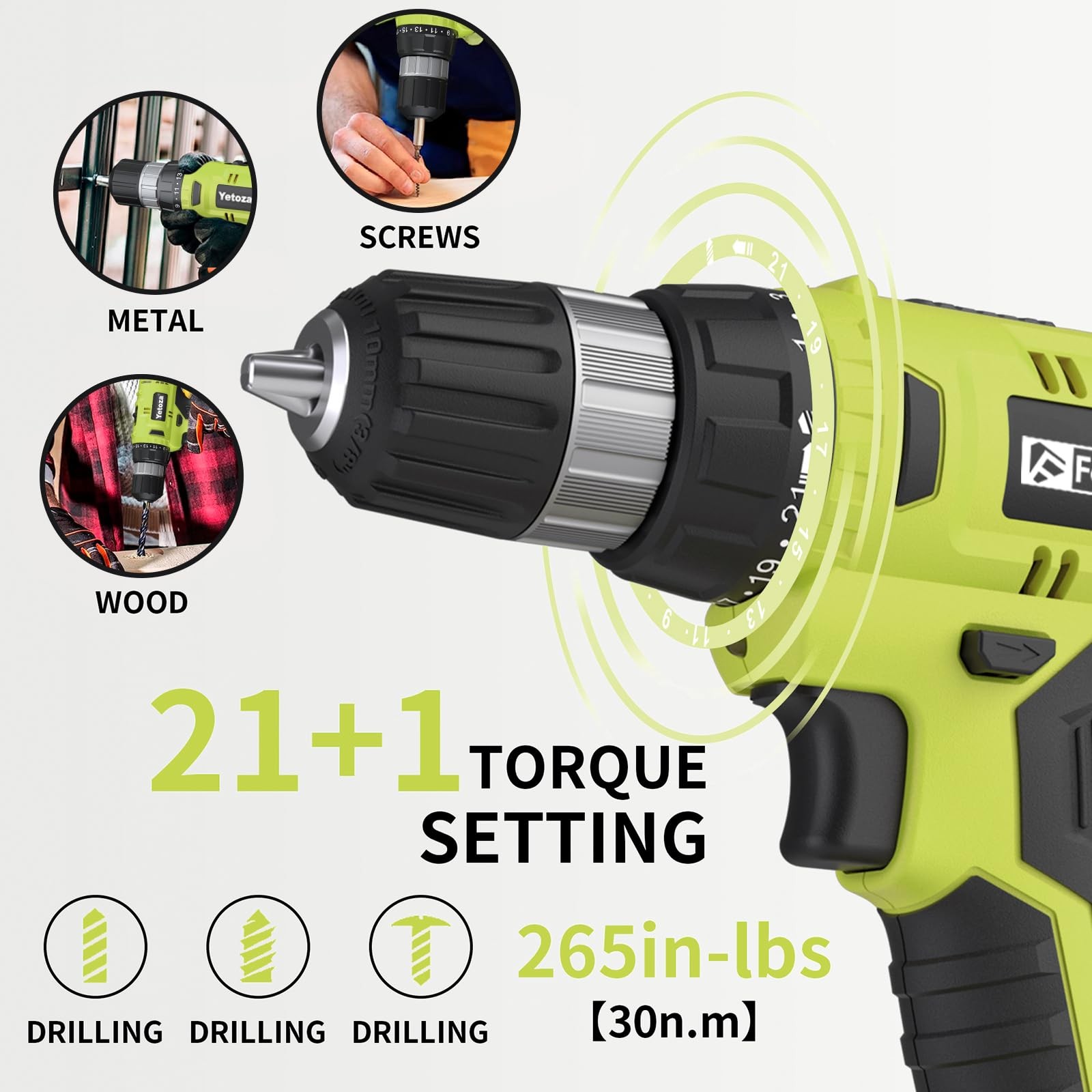 FADAKWALT Cordless Drill Set, 20V Electric Power Drill with Battery And Charger,