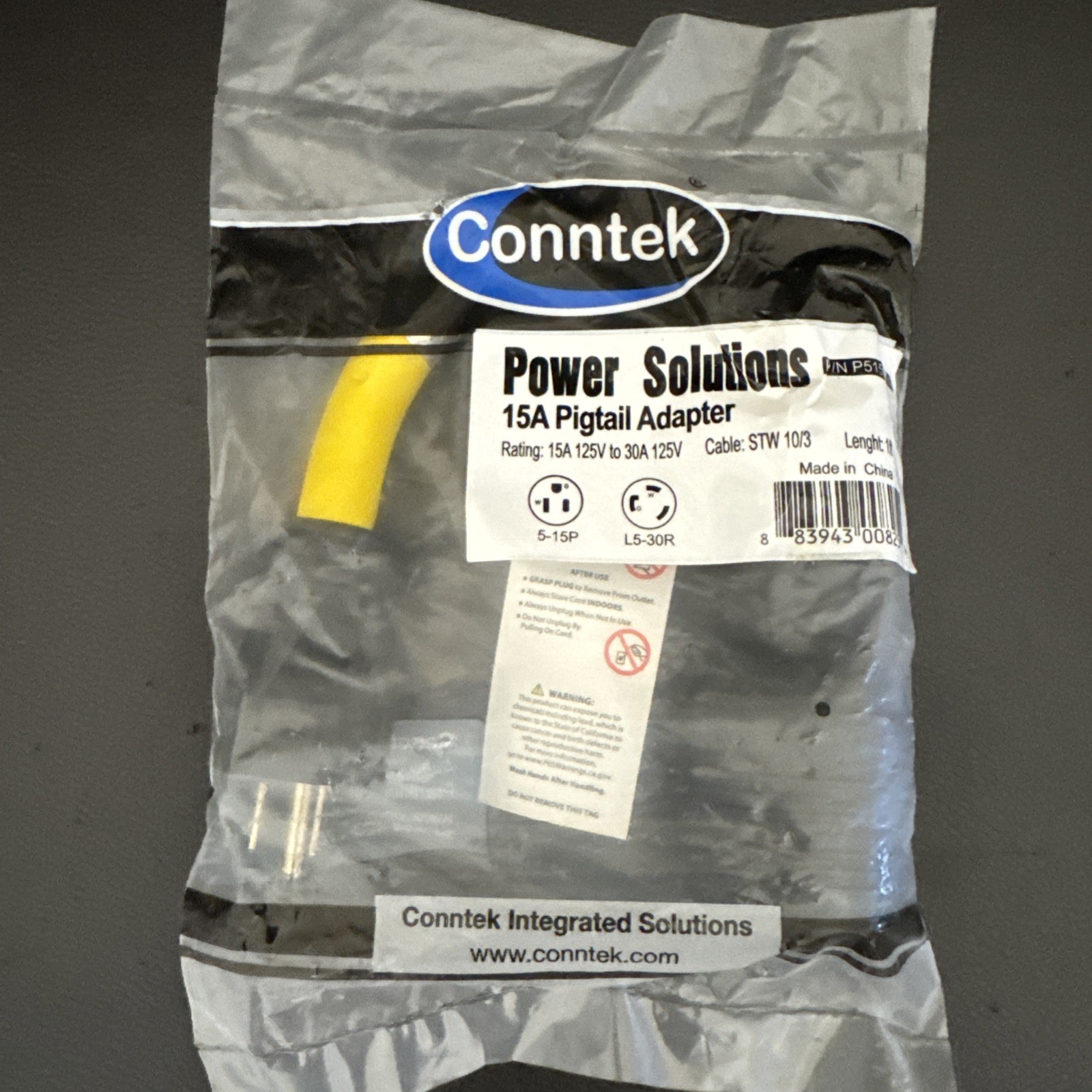 Conntek Pigtail Adapter 1 ft 15A U.S. Plug to 30A Locking Connector, 125V Yellow