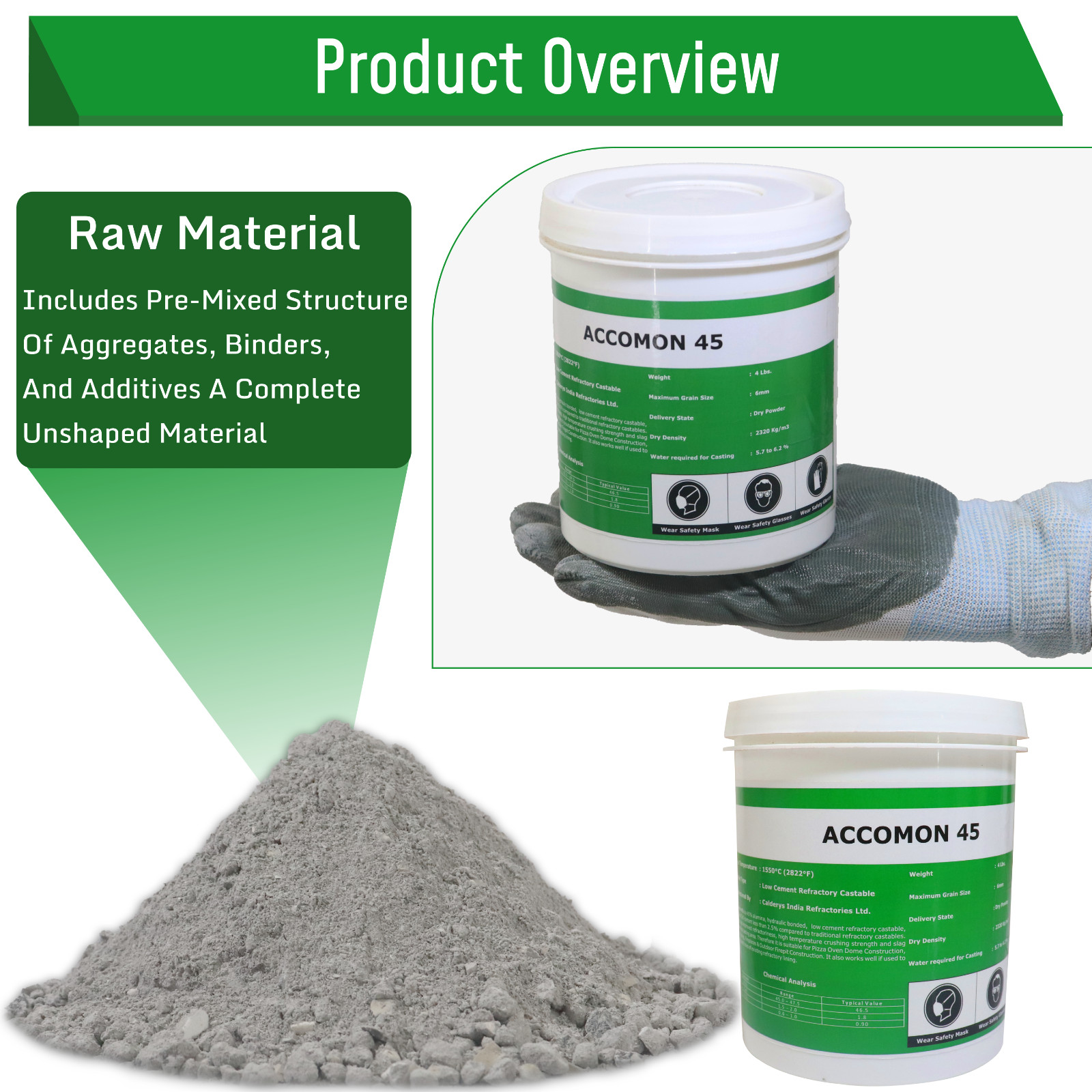 Castable Refractory Cement, 45% Alumina Low Cement Castable, Accomon-45 , 4 LBS