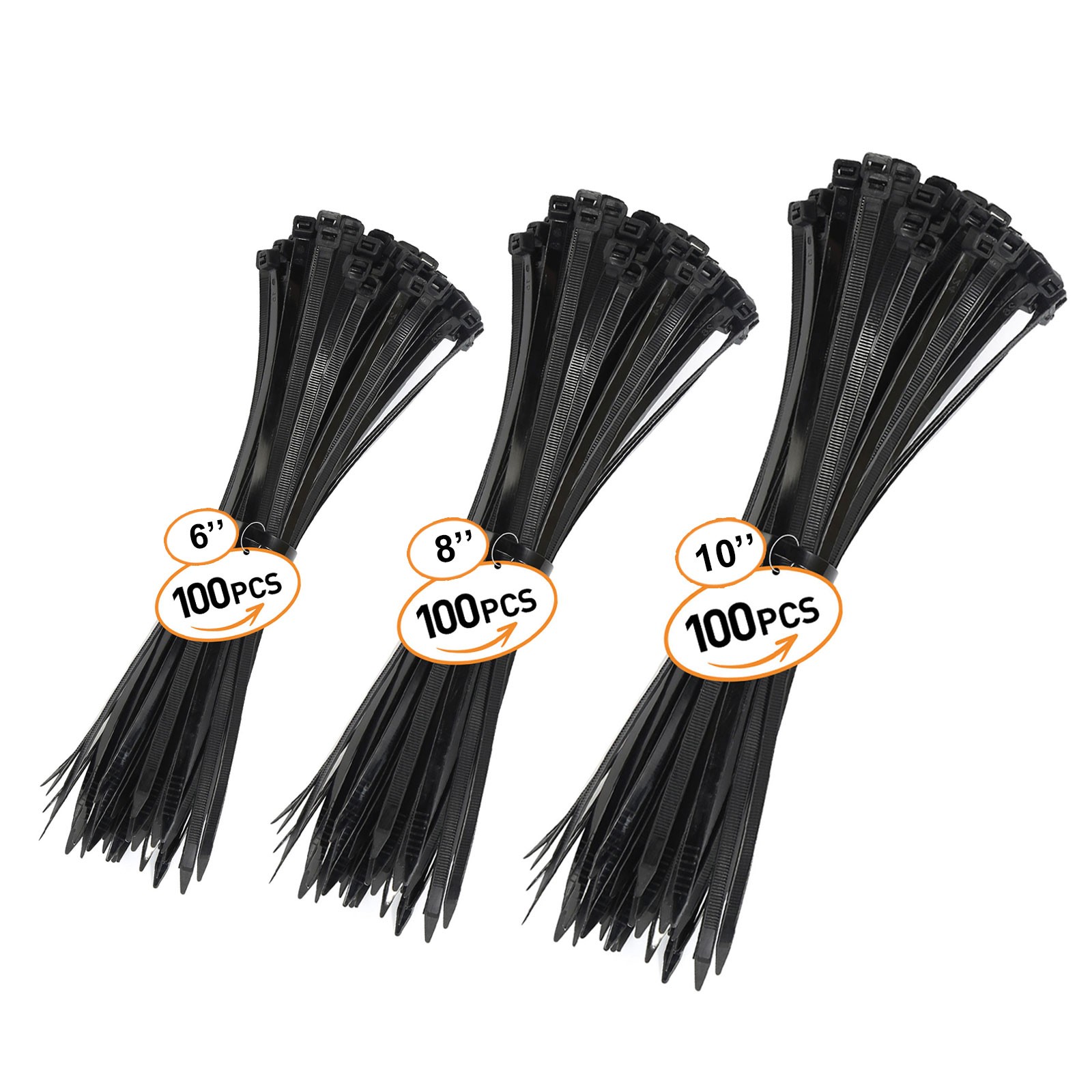 Zip Ties Assorted Sizes(6”+8”+10”), 300 Pack, Black Cable Ties, UV Resistant