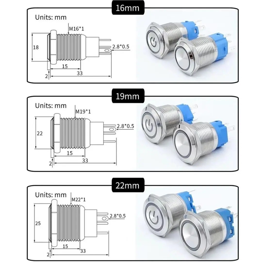 19mm 12V Momentary Push Button Switch Waterproof Led Light IP67 Stainless Steel