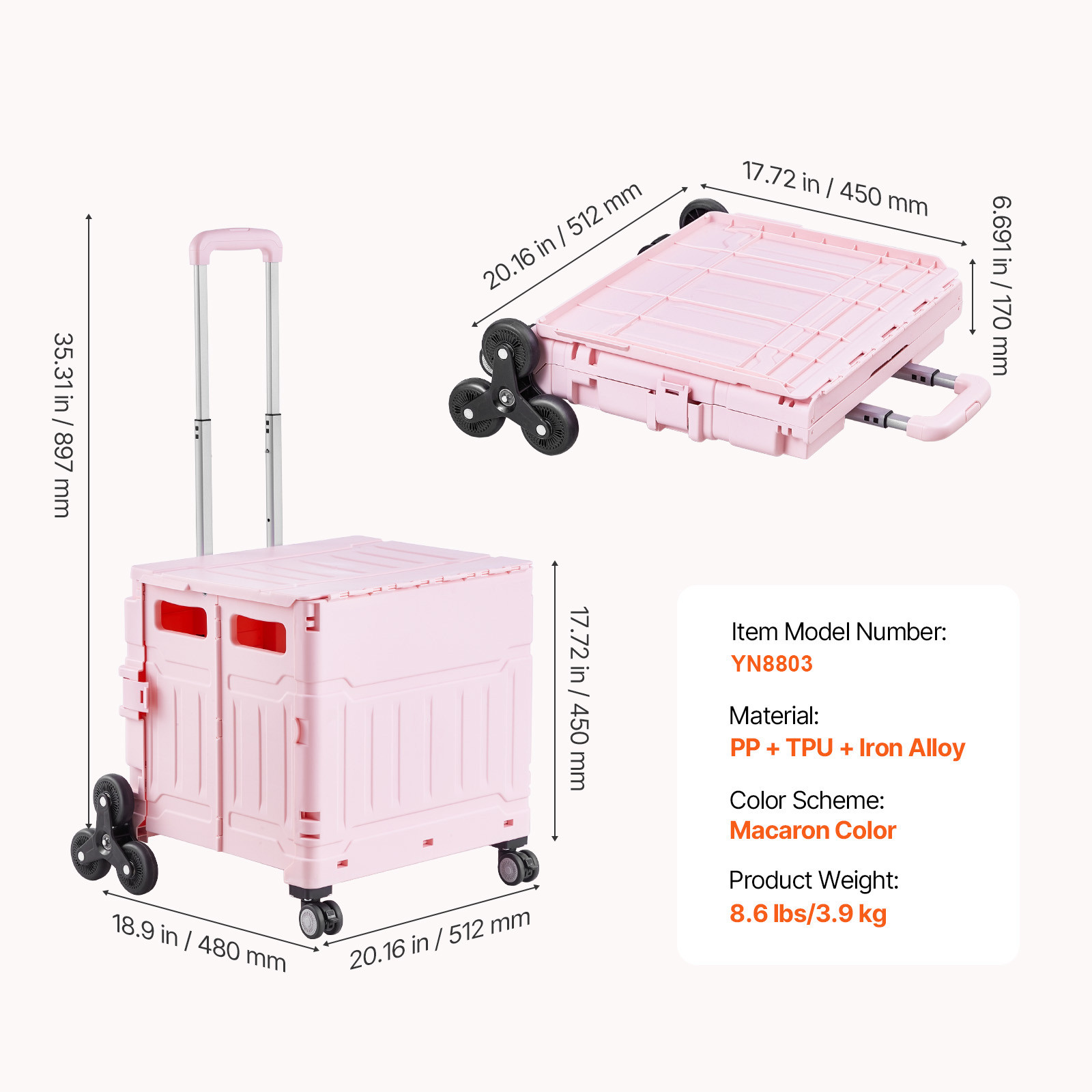 Foldable Cart with Stair Climbing Wheels Collapsible Rolling Crate 65L