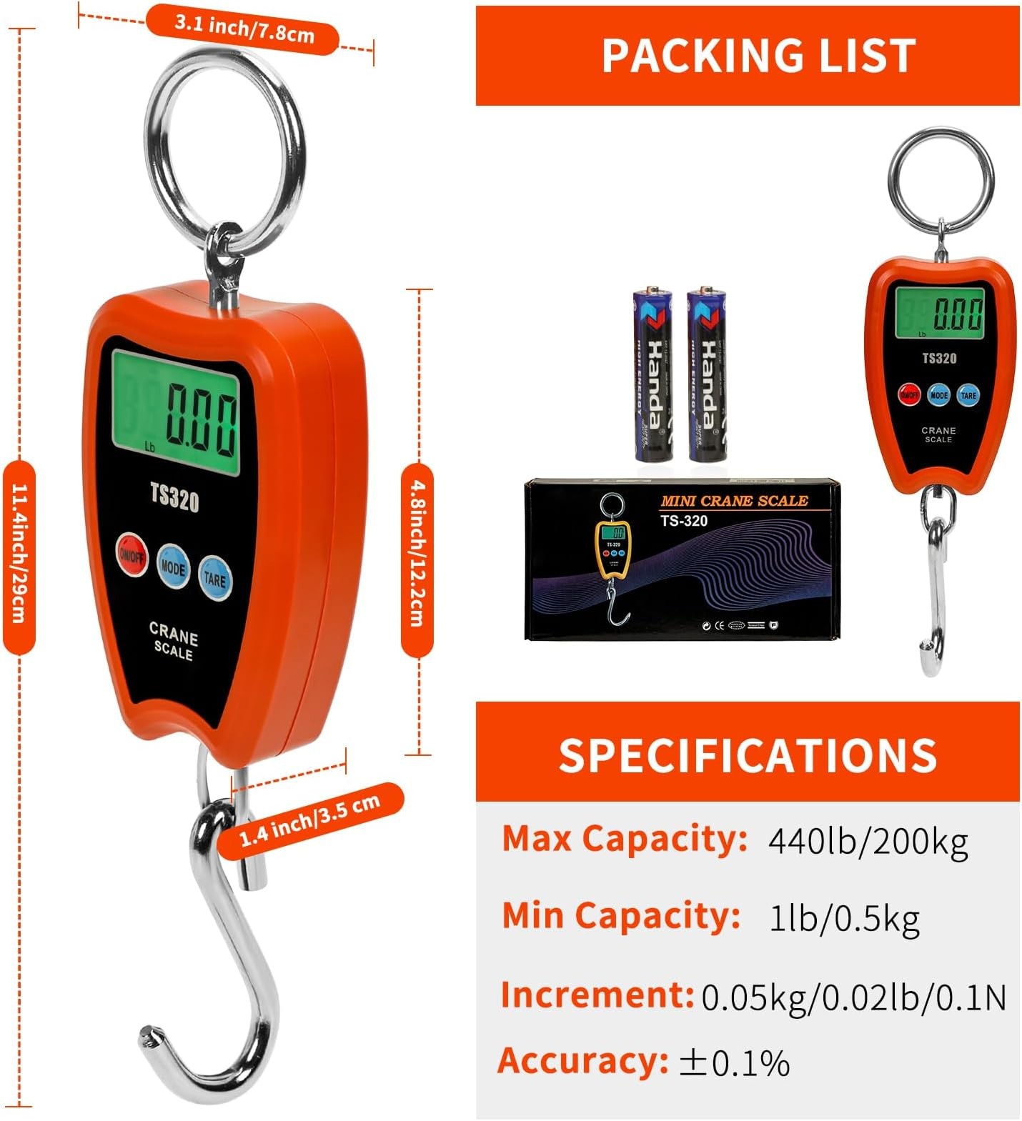 Digital Crane Scale 300kg/660lbs 200kg/440lbs with LED Handheld Mini Hanging …