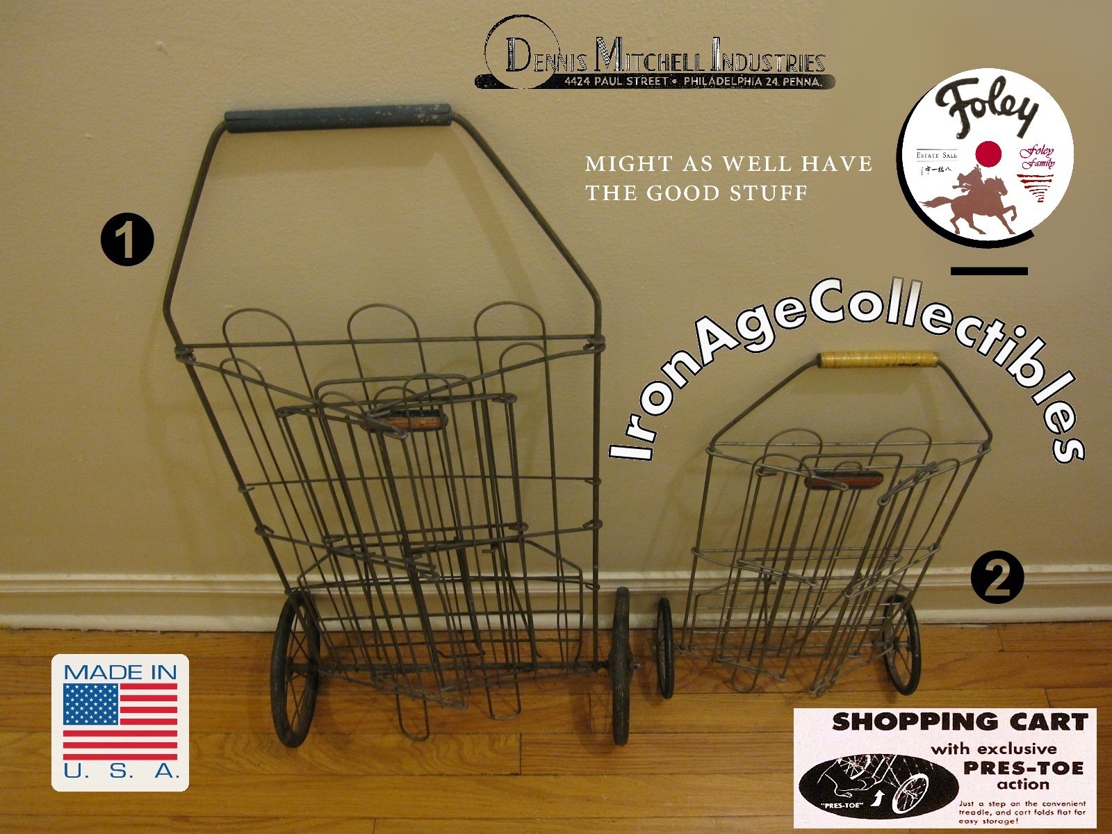 1940s Folding Metal Shopping Carts, Child’s & Adult Size Wire Basket Collapsible