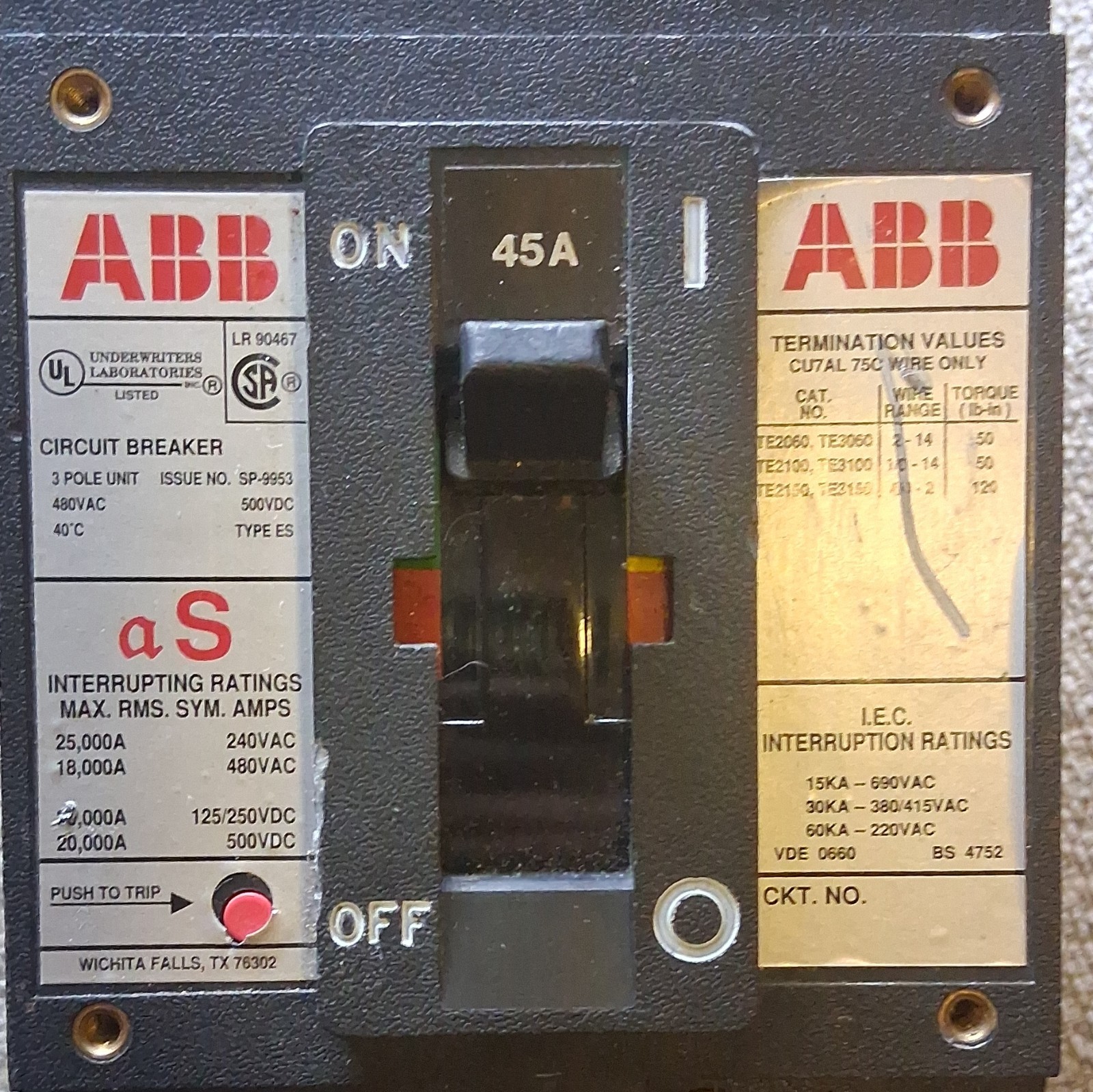 ABB Type ES 45A 3-Pole Circuit Breaker AC/DC DC Use Trip Indicator 451-500V
