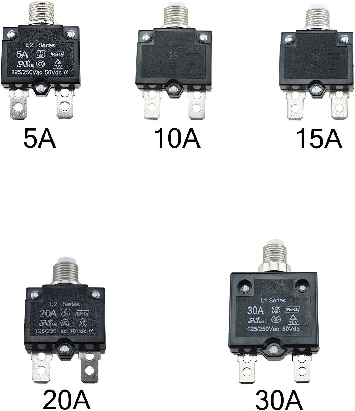 5-Piece Circuit Breaker Set with Push Button Reset for Automotive and Marine Use