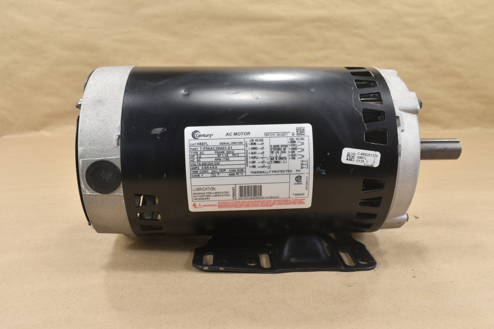 Century H887L, 3HP , 3 PH, 460/200-230V, 1750RPM, 60 Hz, AC Motor