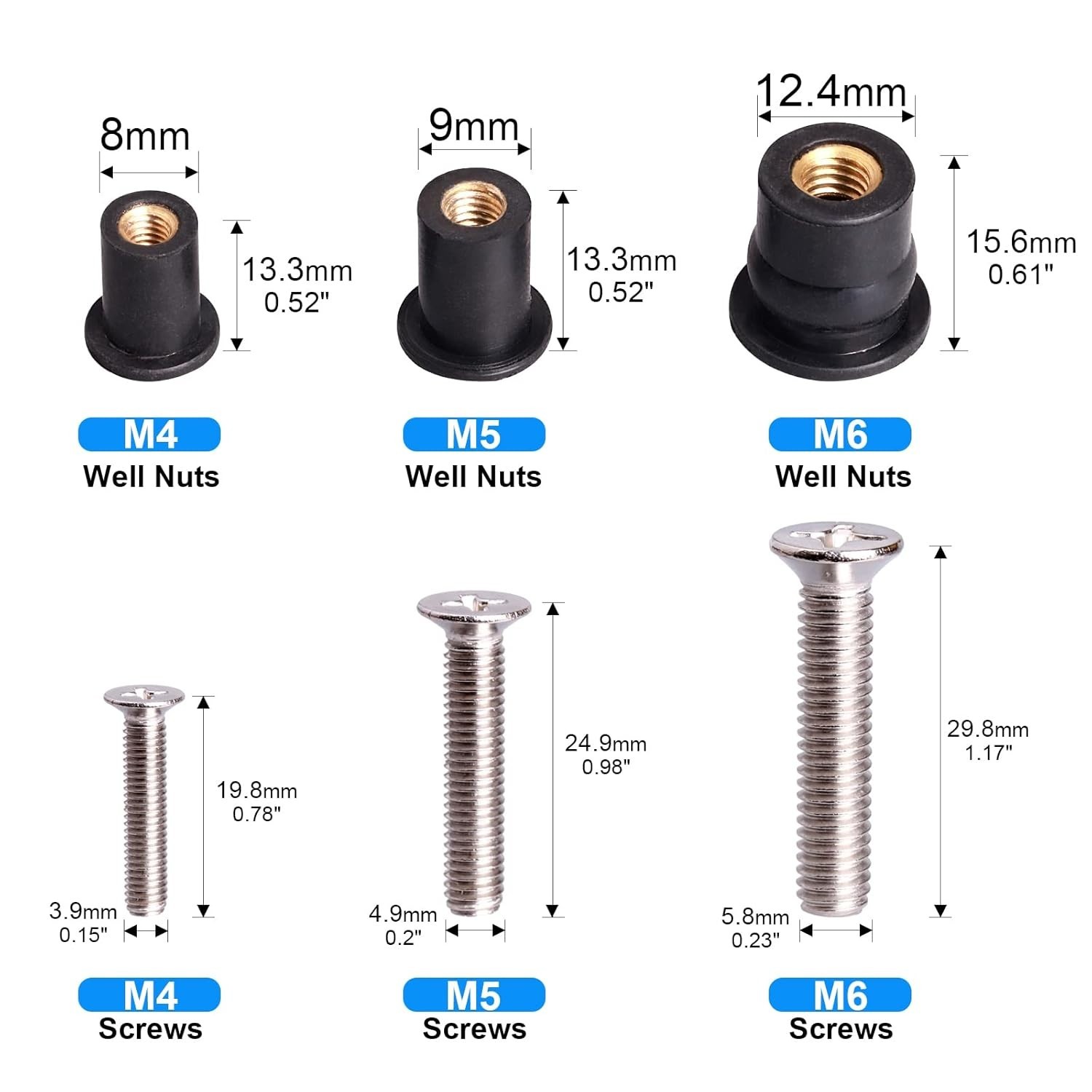 High Strength Rubber Well Nuts M4 M5 M6 – 72 Pairs with Durable Stainless Screws
