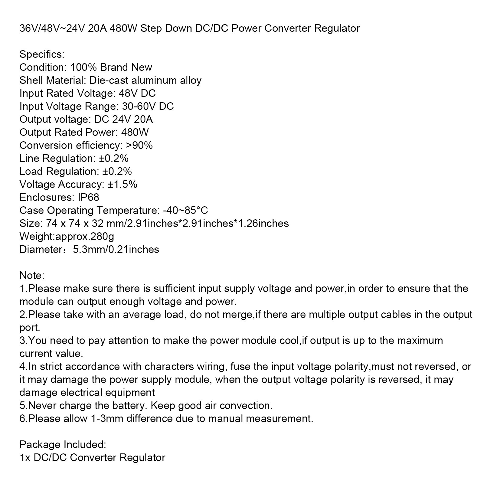 🚀WaterProof 36V/48V to 24V 20A 480W Step Down DC/DC Power Converter Regulator