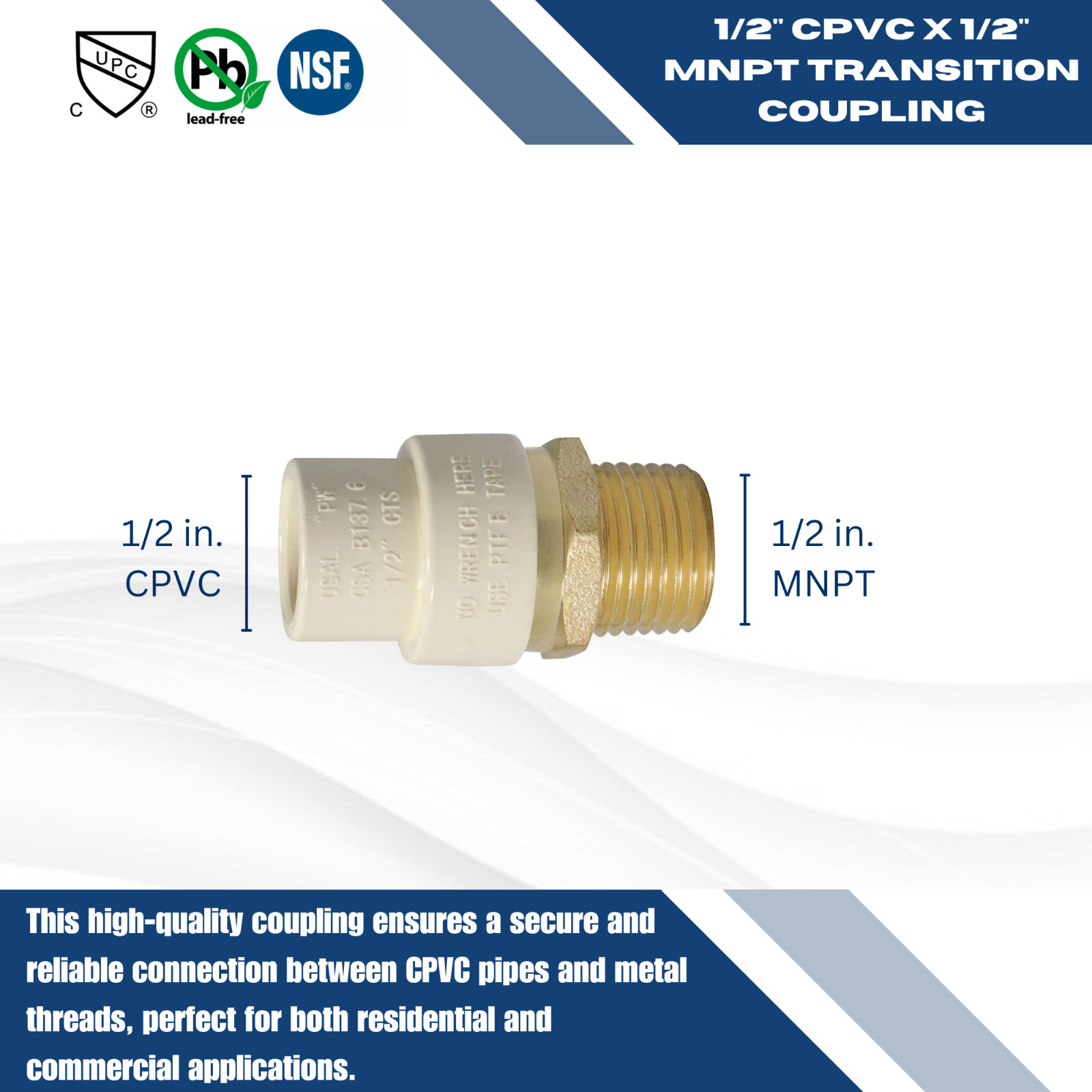 5 Pcs. 1/2″ Male NPT x 1/2″ CPVC Adapter, Lead Free Brass, 1/2 CPVC Male Adapter