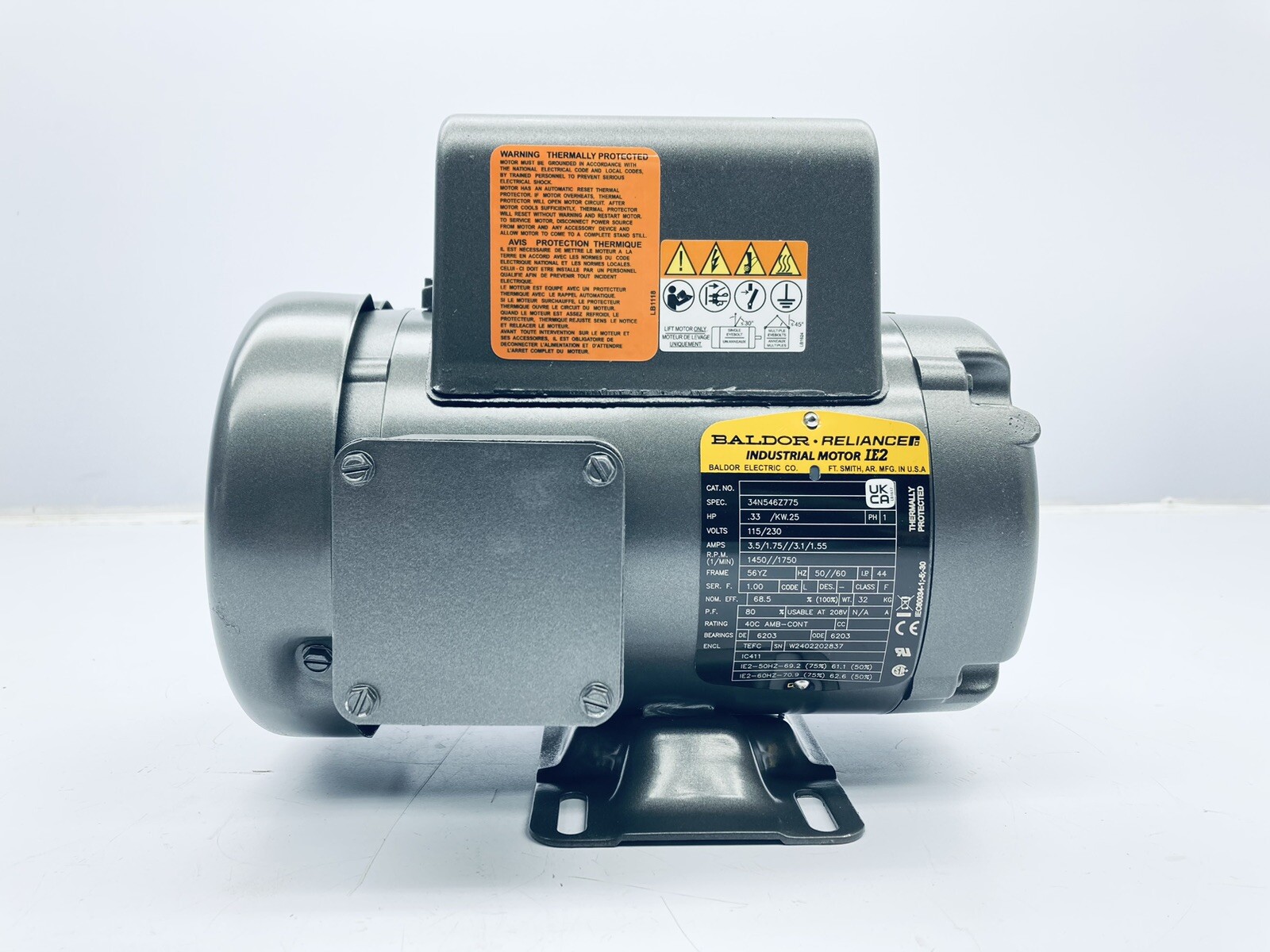 BALDOR 34N546Z775 VIKING PUMP MOTOR .33HP 1/3HP 115/230V 1450/1750RPM 56YZ IE2