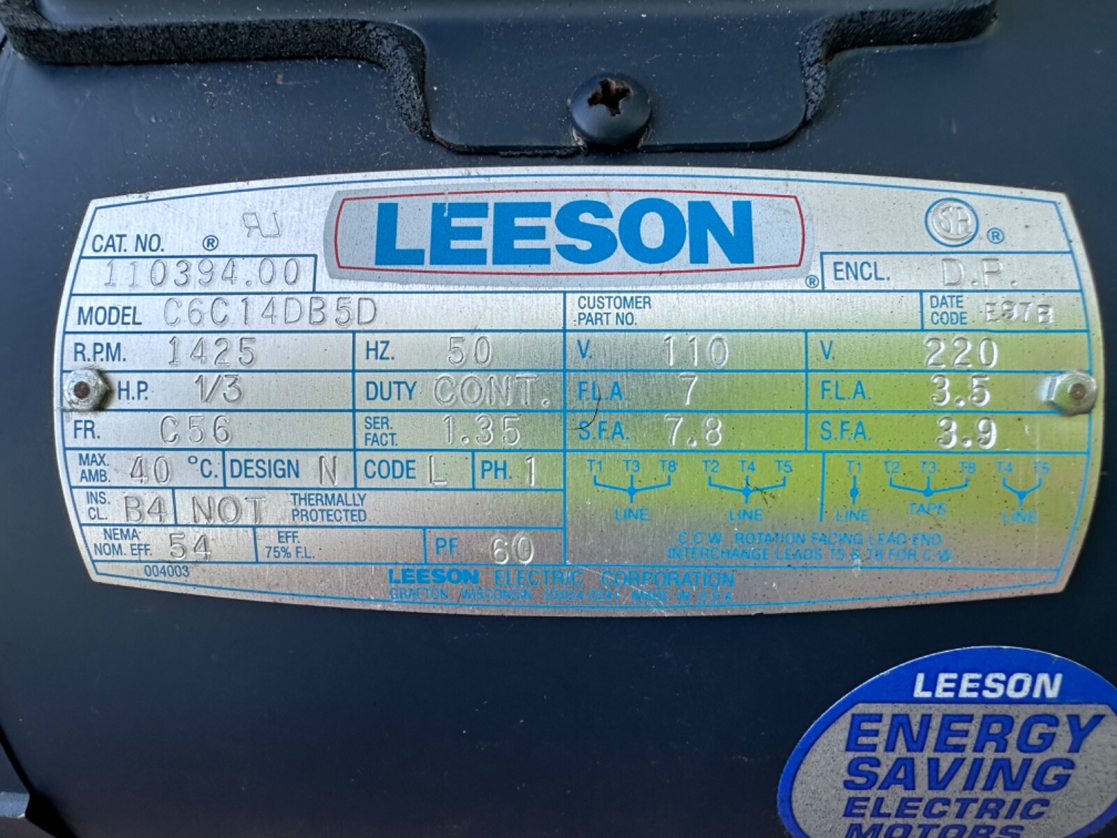 Leeson 110394.00 Electric Motor 1/3HP 1425RPM 110/230V Model C6C14DB5D
