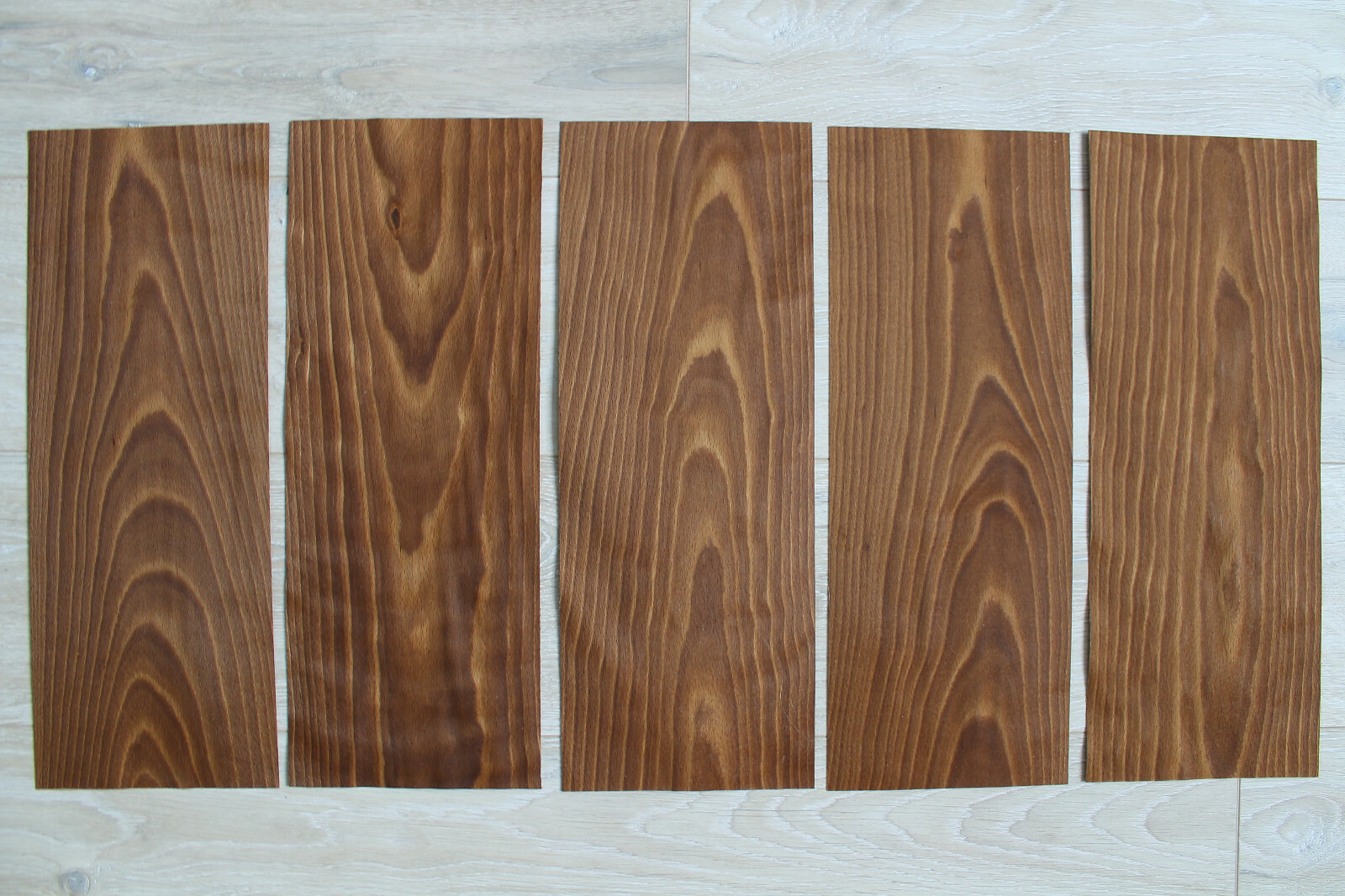 Beech Fumé wood veneer, 5 sheets, ~ 18.1 x 6.88″ (46 x 17.5cm), 0.55mm (~1/45″)
