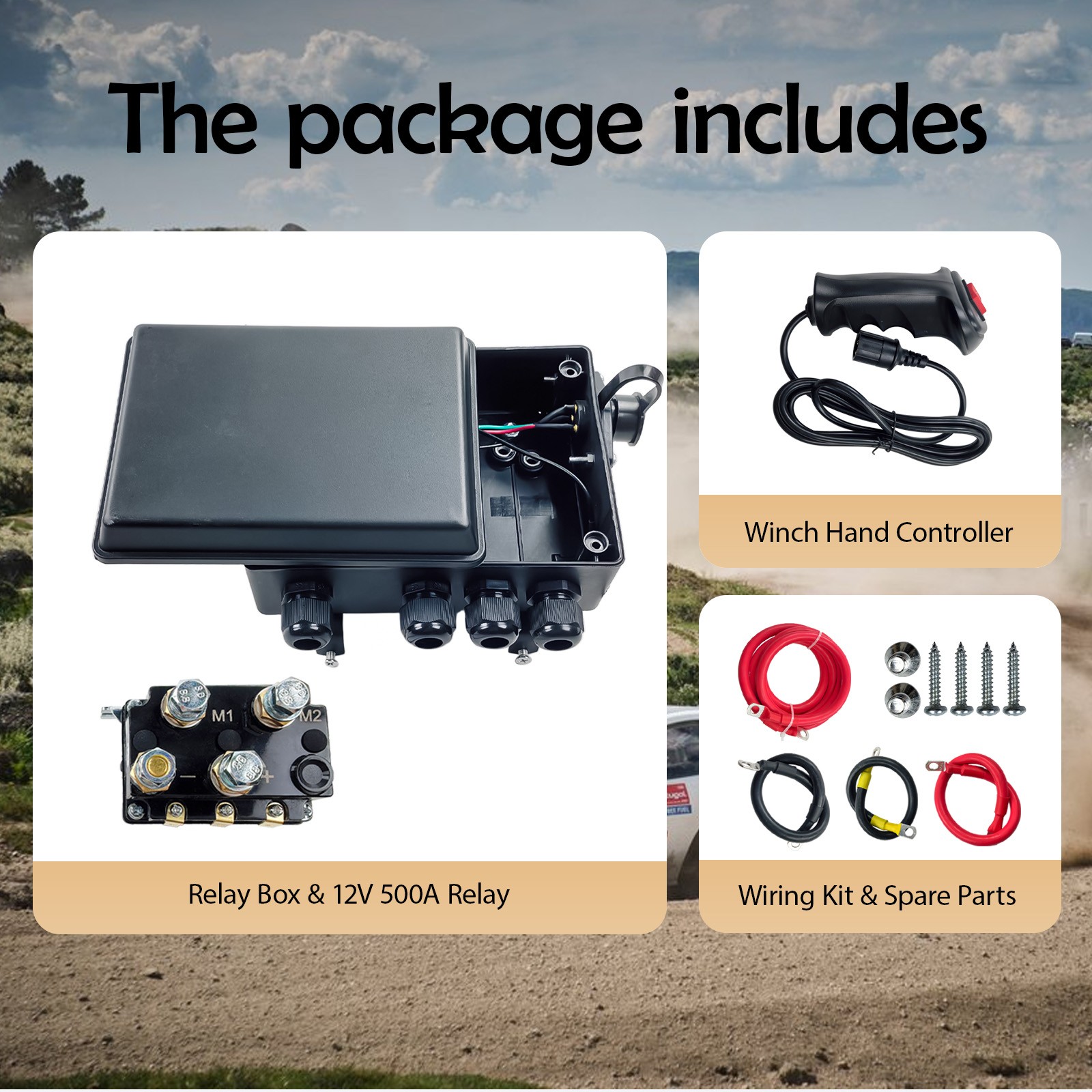 12V 8000lb Winch Solenoid Contactor Relay kit w/Control Box 4 Pre-Wired Cables