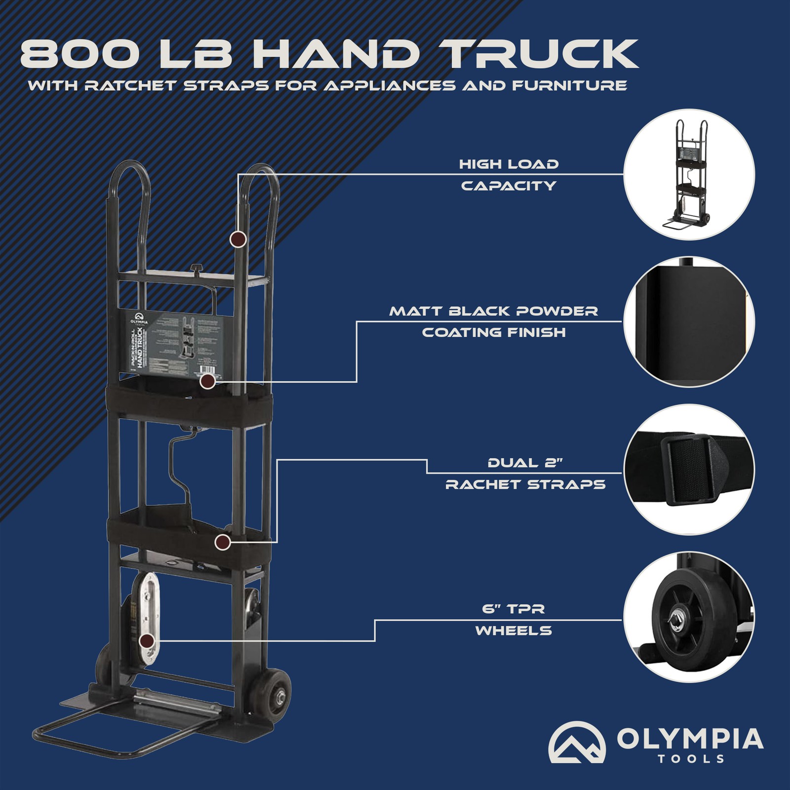 Olympia Tools 800 Lb Hand Truck with Ratchet Straps for Appliances and Furniture