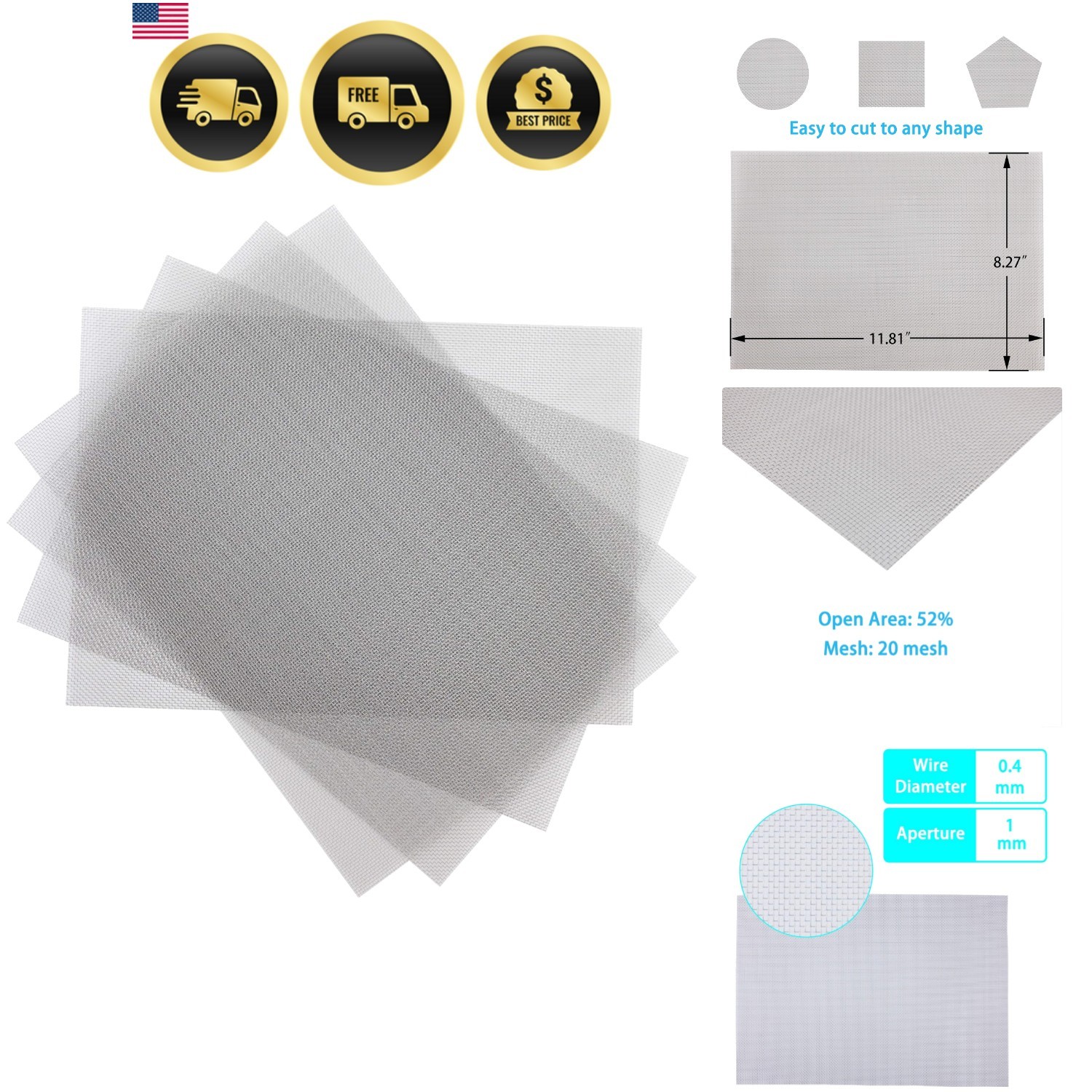 4 Pack – 304 Stainless Steel Woven Wire Mesh Screen, Air Vent Mesh, 11.8“ X 8…