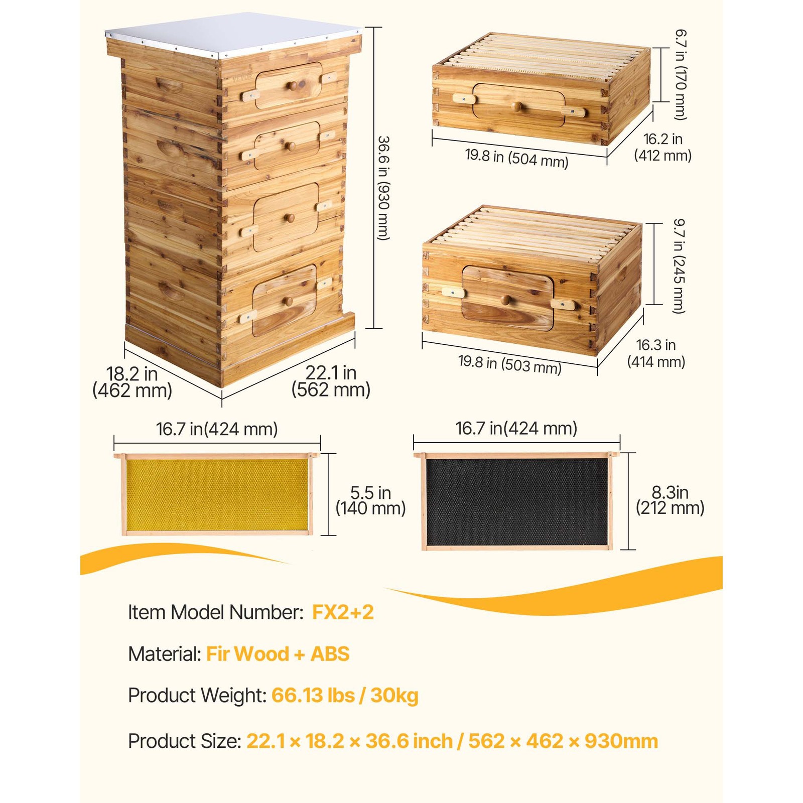 VEVOR Bee Hive Langstroth Kit 20 Deep & 20 Medium Frames with Acrylic Windows