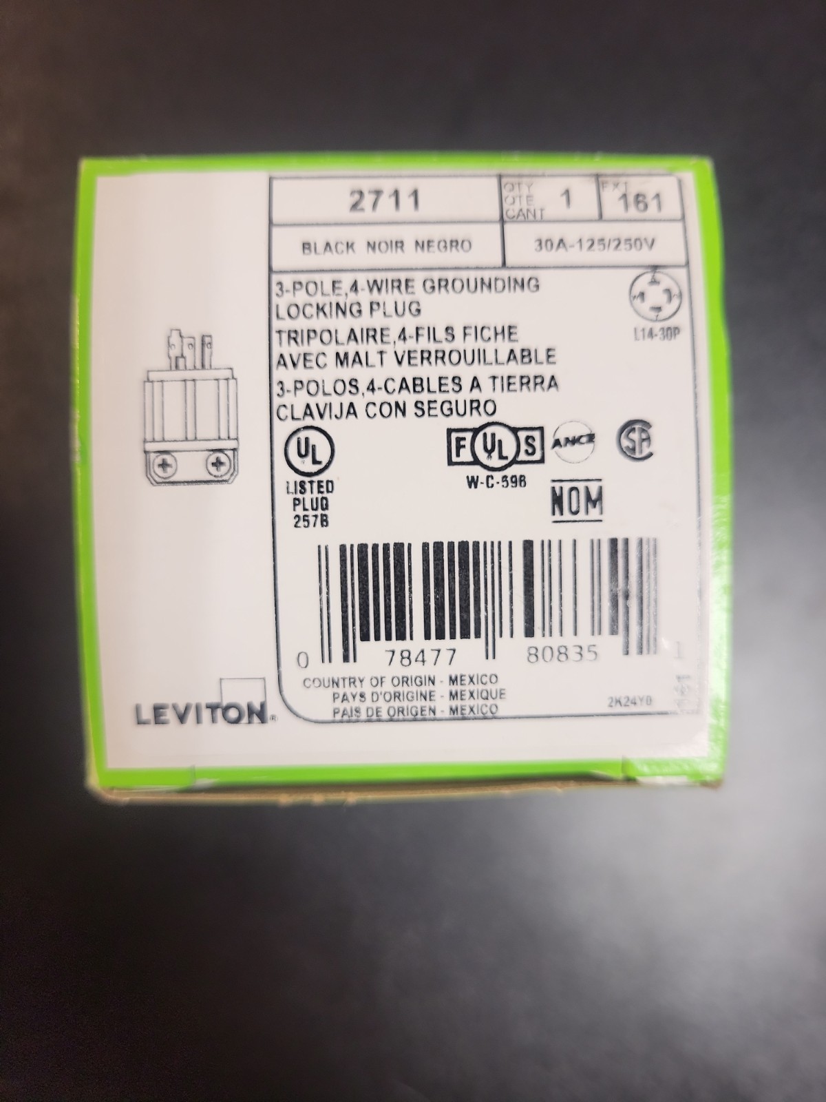NIB Leviton 3 Pole, 4 Wire Grounding Locking Plug 30A 125/260 L14-30 Cord Cap