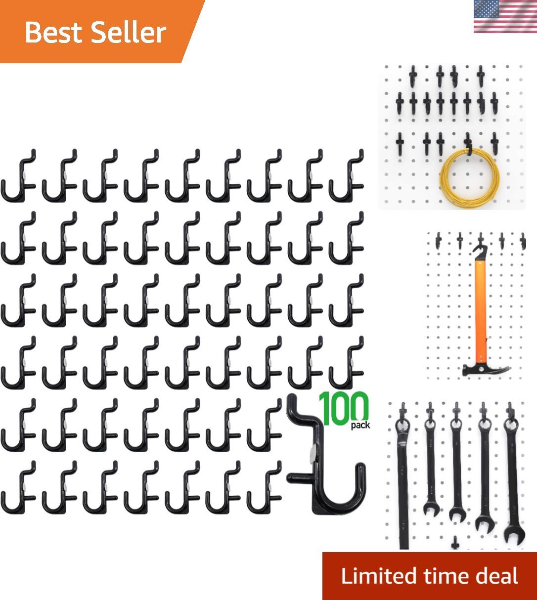 Smooth-Edge 100PC Pegboard Hooks – Easy Install with Black Powder-Coated Finish