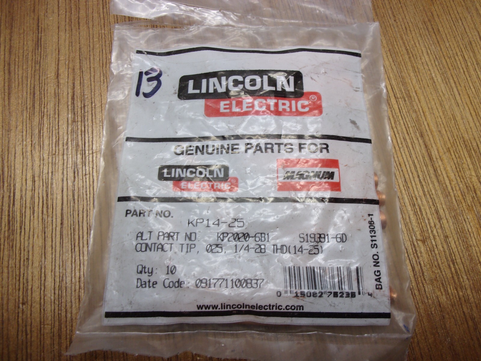 (Qty.13) Lincoln Electric KP14-25 Standard Contact Tip .025″ 1/4-28 Thread