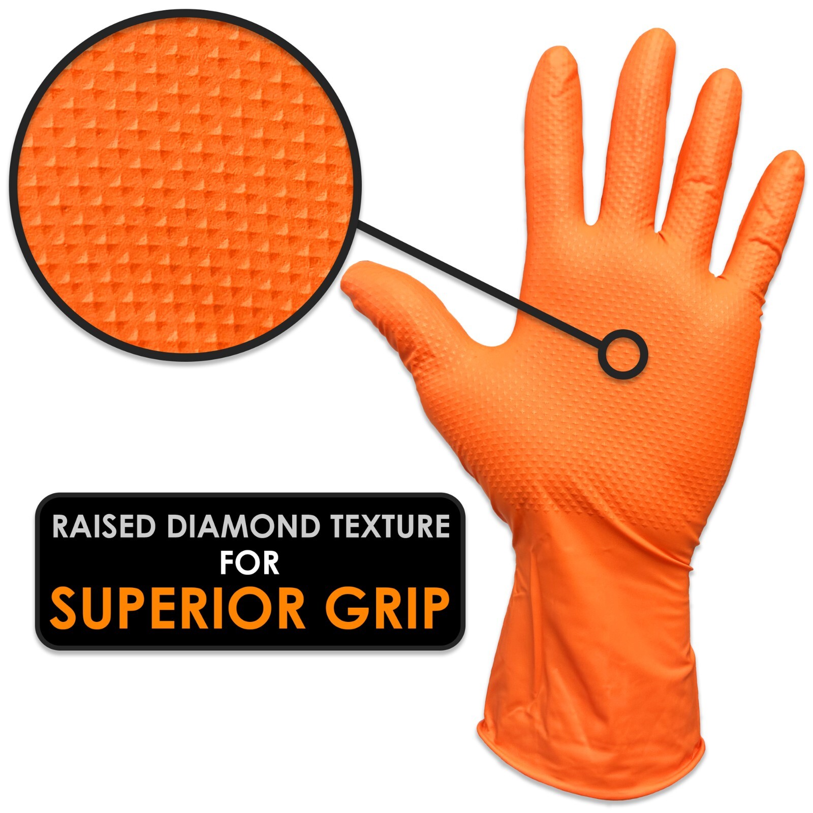 8 Mil Orange Disposable Nitrile Gloves. Raised Diamond Texture – Large- 10 Boxes
