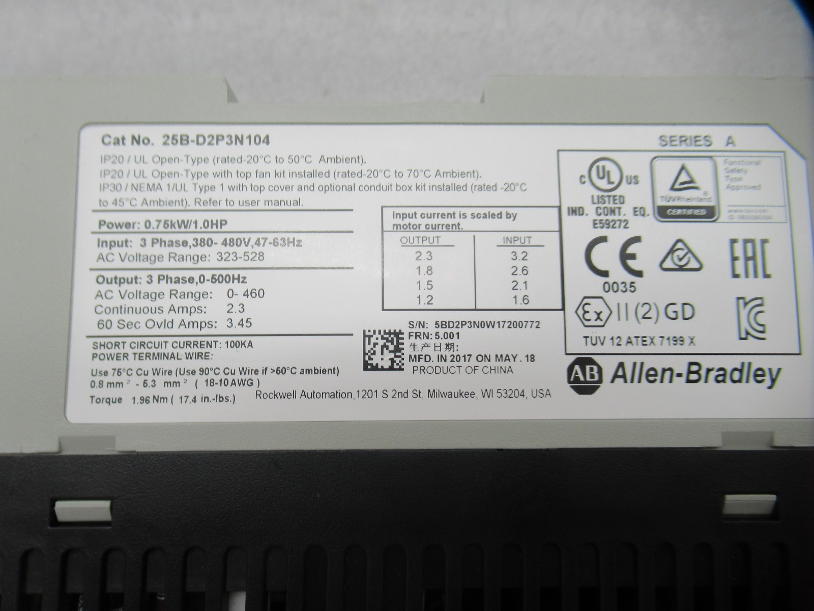Allen-Bradley 25B-D2P3N104 Ser A PowerFlex 525 AC Drive 1HP NOB (Fast Shipp)