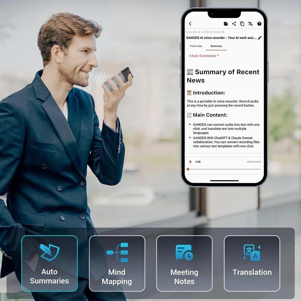 128GB AI Voice Recorder, Note Voice Recorder – Transcribe & Summarize, AI Noi…