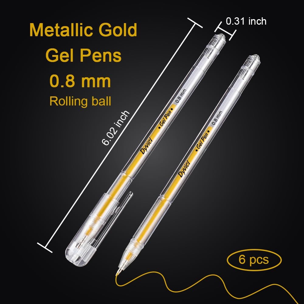 6 PCS Metallic Gold Gel Pens 0.8mm Fine Point Ink Black Paper Art Drawing