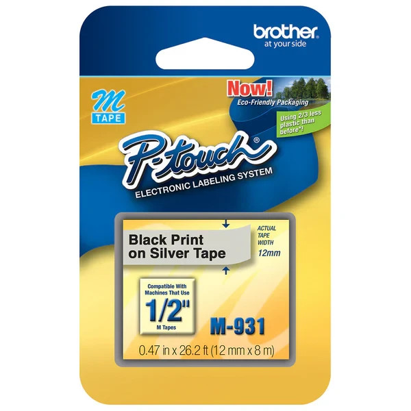 Genuine Brother M-931 Black on Silver 1/2″ (12mm) P-Touch Label Tape **6-PACk**