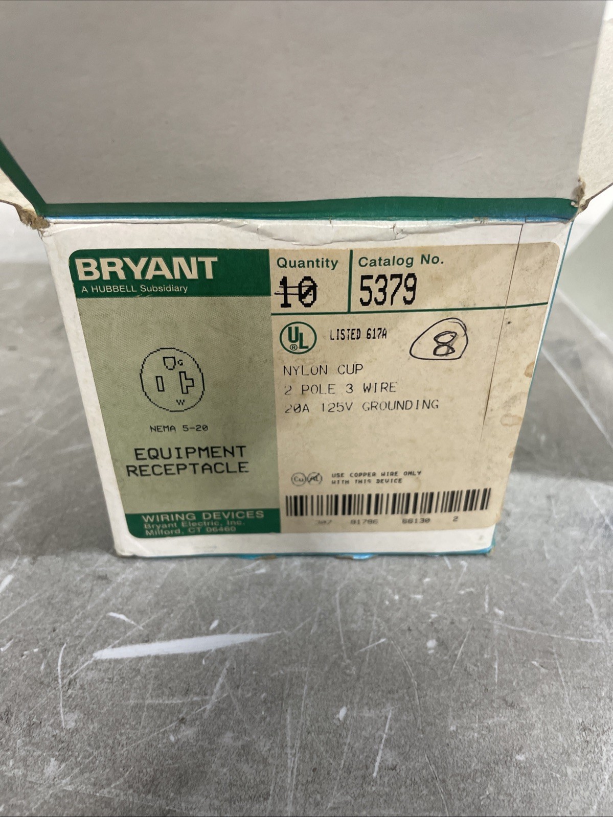Bryant 5379 Straight Blade Receptacle, 5-20R, 20 A, 125V Ac, 2 Pole, 3 Wire, 8pk