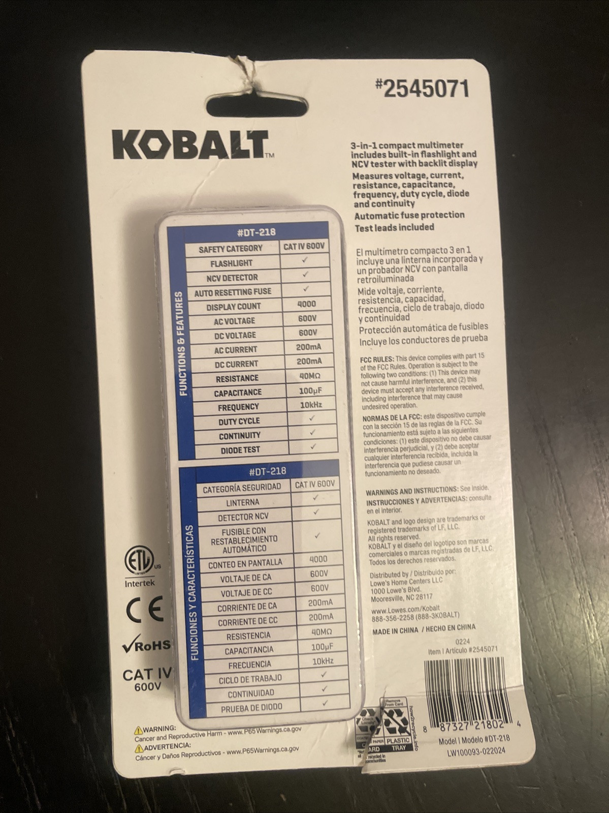 Kobalt Tools 2545071 Compact Multimeter CAT IV With Batteries 600V 3-In-1 NCV